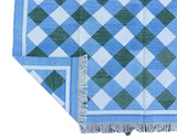 Modern Handmade Cotton Sky Blue, Cream And Forest Green Checked Rug-6760