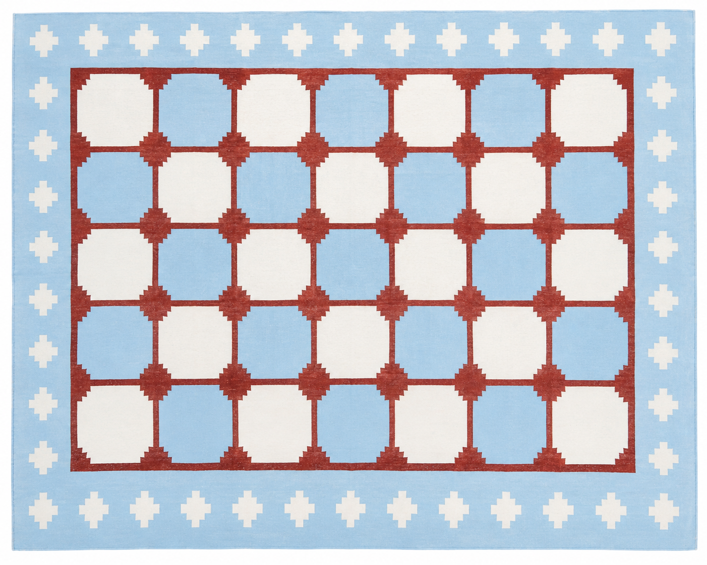 Modern Handmade Cotton Sky Blue, Cream And Terracotta Area Rug-6457