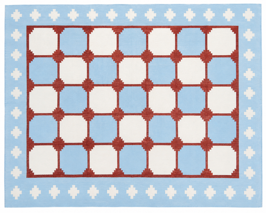 Modern Handmade Cotton Sky Blue, Cream And Terracotta Area Rug-6457