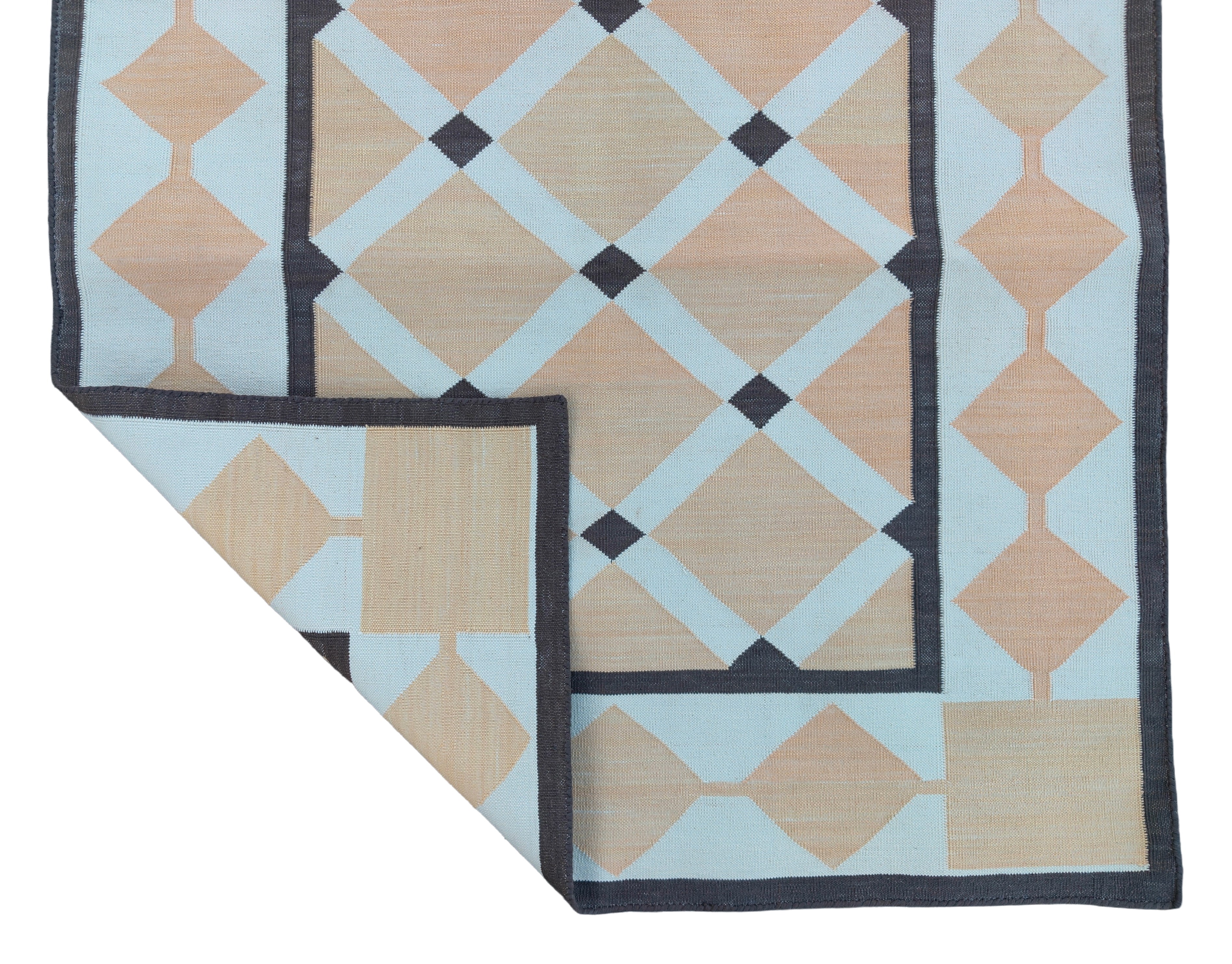 Modern Handmade Cotton Cream, Beige And Brown Geometric Dhurrie Runner-6784