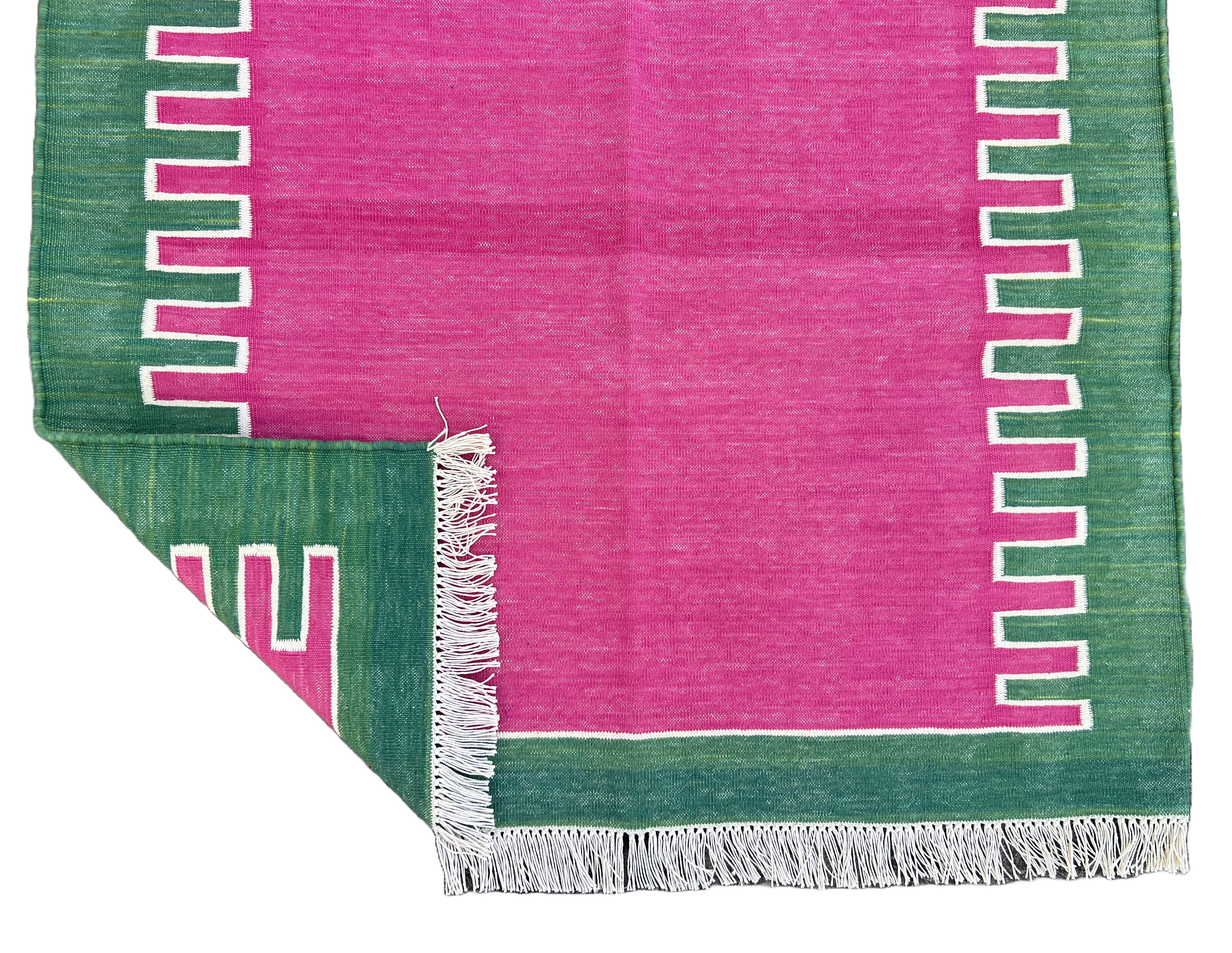 Modern Handmade Cotton Raspberry Pink And Green Zig Zag Striped Rug-6706