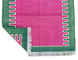 Modern Handmade Cotton Raspberry Pink And Green Zig Zag Striped Rug-6706