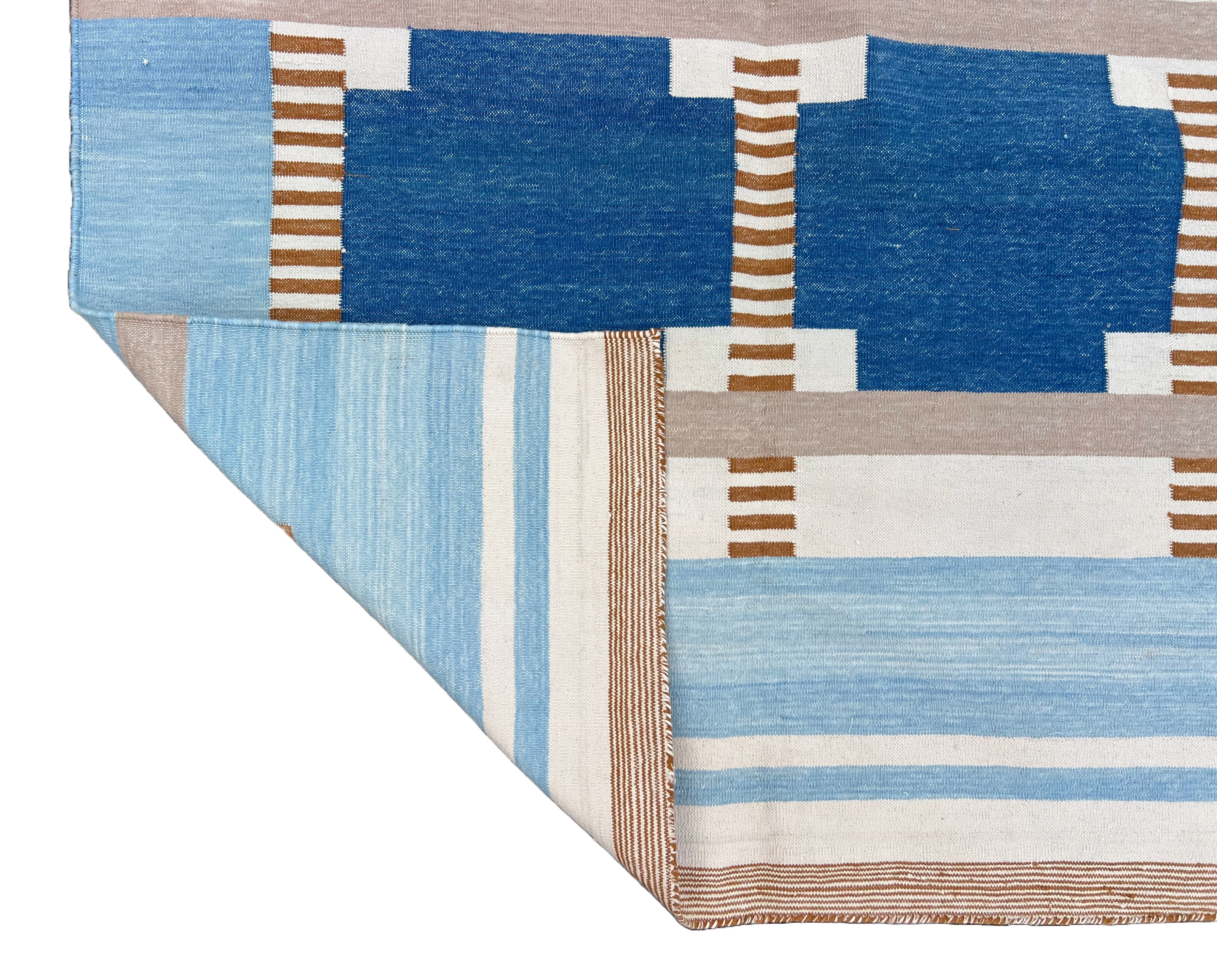 Modern Handmade Cotton Area Flat Weave Rug, Blue, Cream, Beige And Tan Geometric Dhurrie-6751
