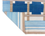 Modern Handmade Cotton Area Flat Weave Rug, Blue, Cream, Beige And Tan Geometric Dhurrie-6751