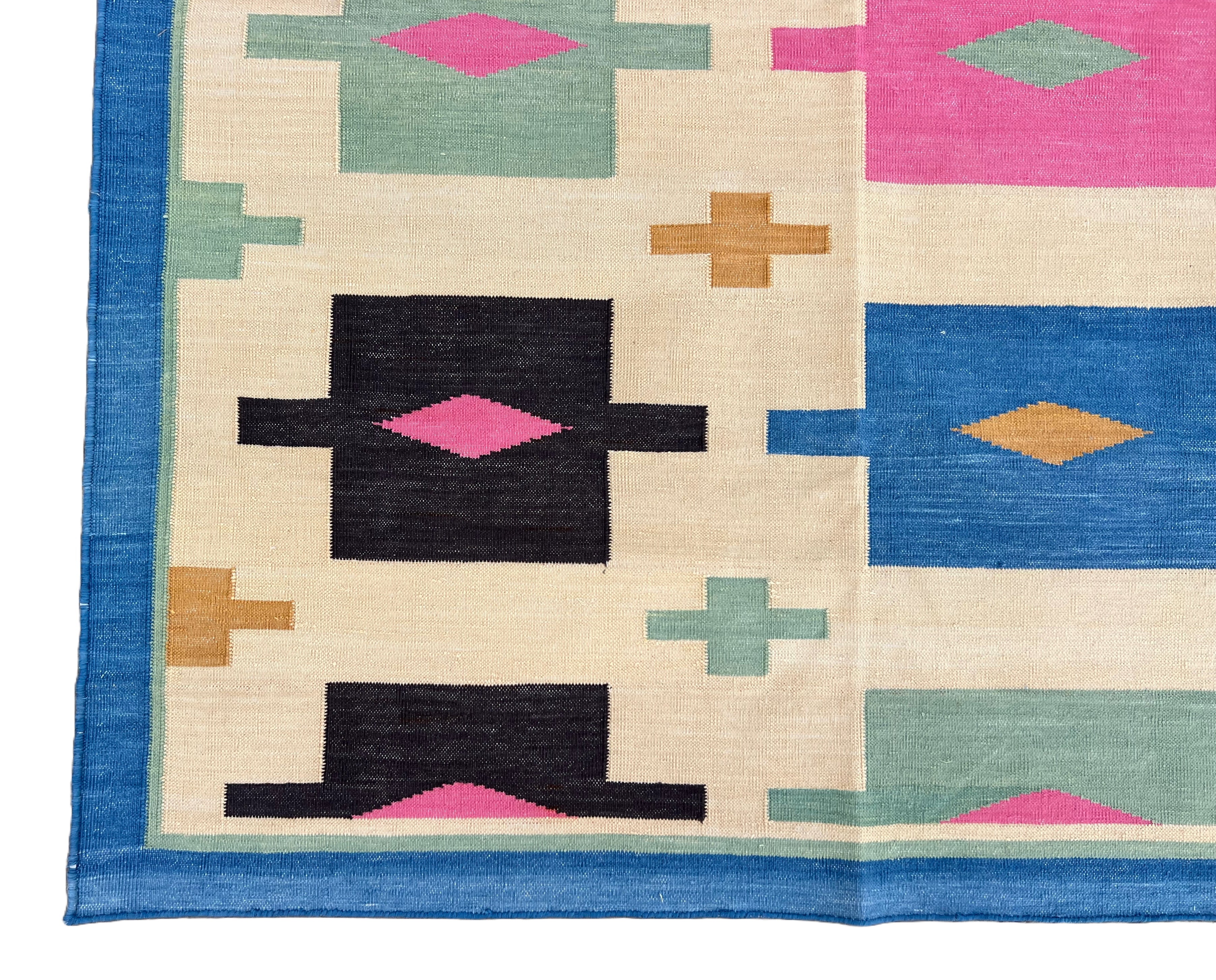 Modern Handmade Cotton Area Flat Weave Rug, Cream, Brown, Pink And Blue Geometric Dhurrie-6721