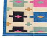 Modern Handmade Cotton Area Flat Weave Rug, Cream, Brown, Pink And Blue Geometric Dhurrie-6721