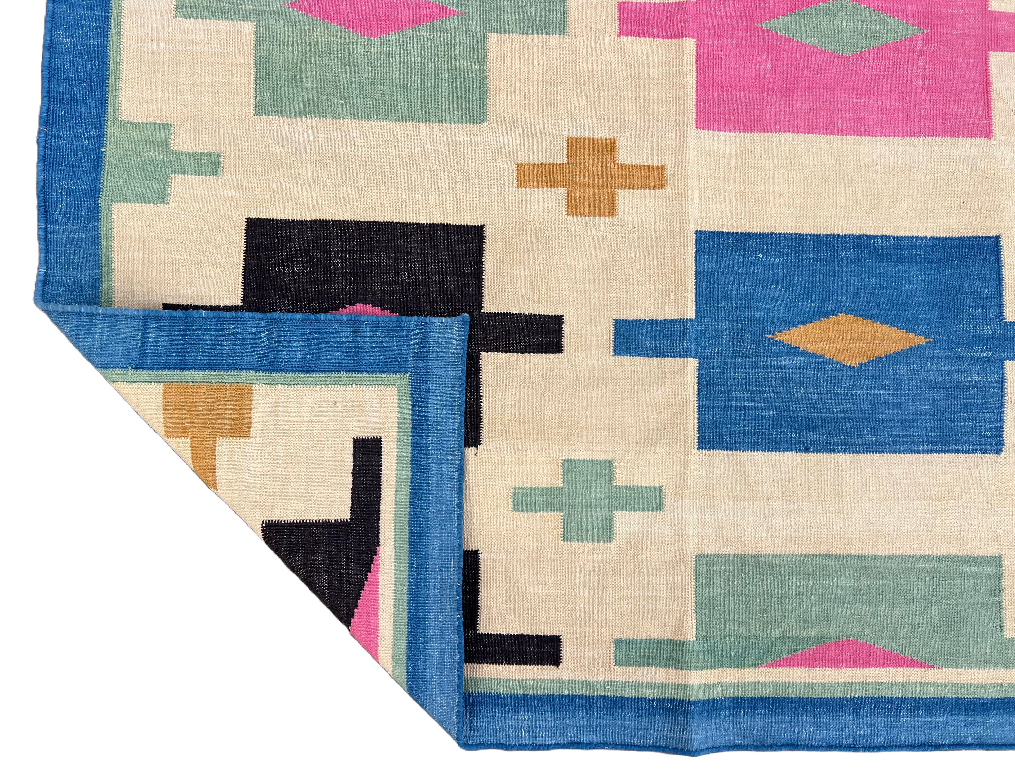 Modern Handmade Cotton Area Flat Weave Rug, Cream, Brown, Pink And Blue Geometric Dhurrie-6721