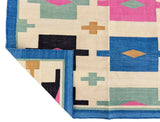 Modern Handmade Cotton Area Flat Weave Rug, Cream, Brown, Pink And Blue Geometric Dhurrie-6721