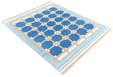 Modern Handmade Cotton Area Flat Weave Rug, Blue, Cream, Beige And Tan Geometric Dhurrie-6751