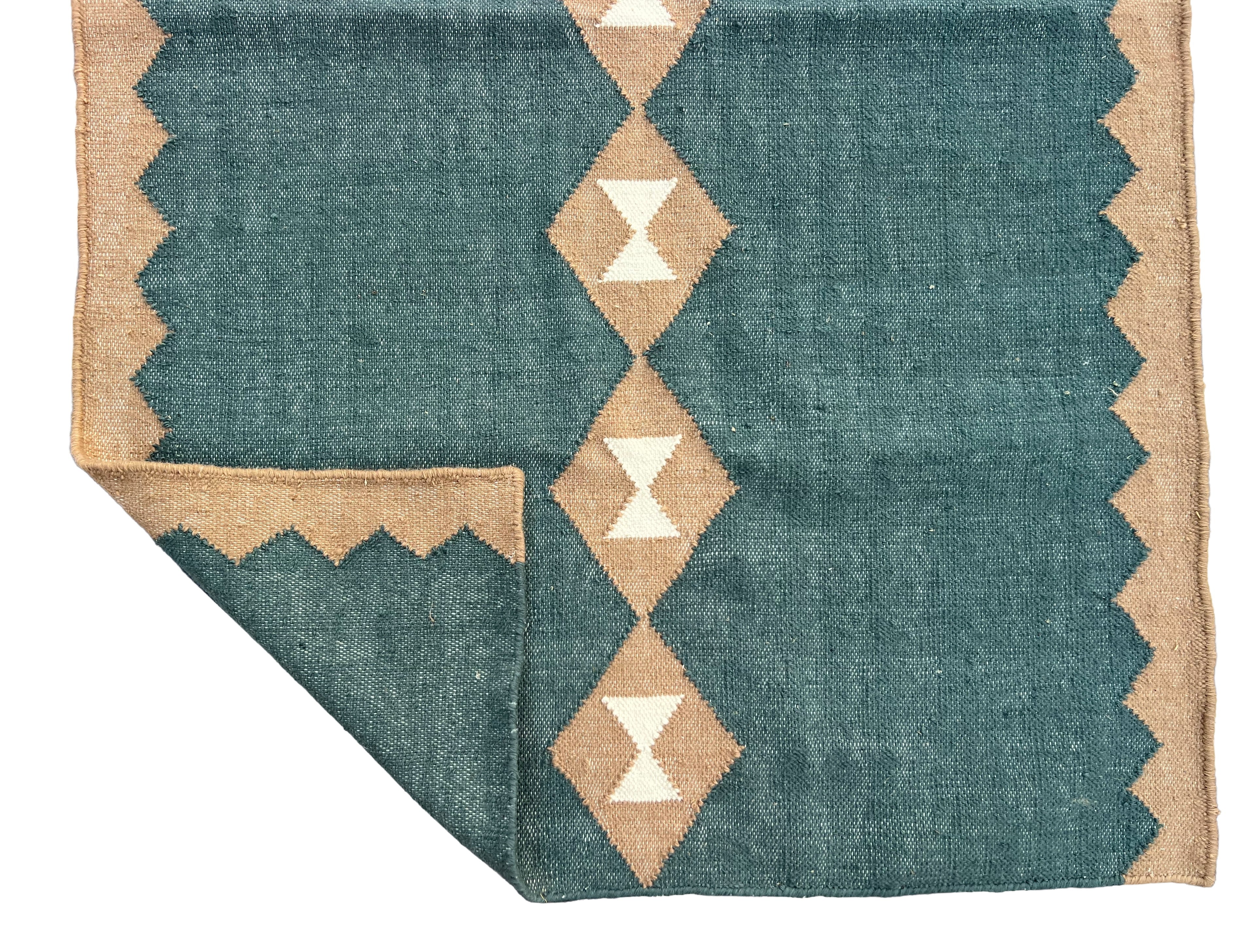 Modern Handmade New Zealand Wool Turquoise Blue, Cream And Beige Geometric Runner-6806