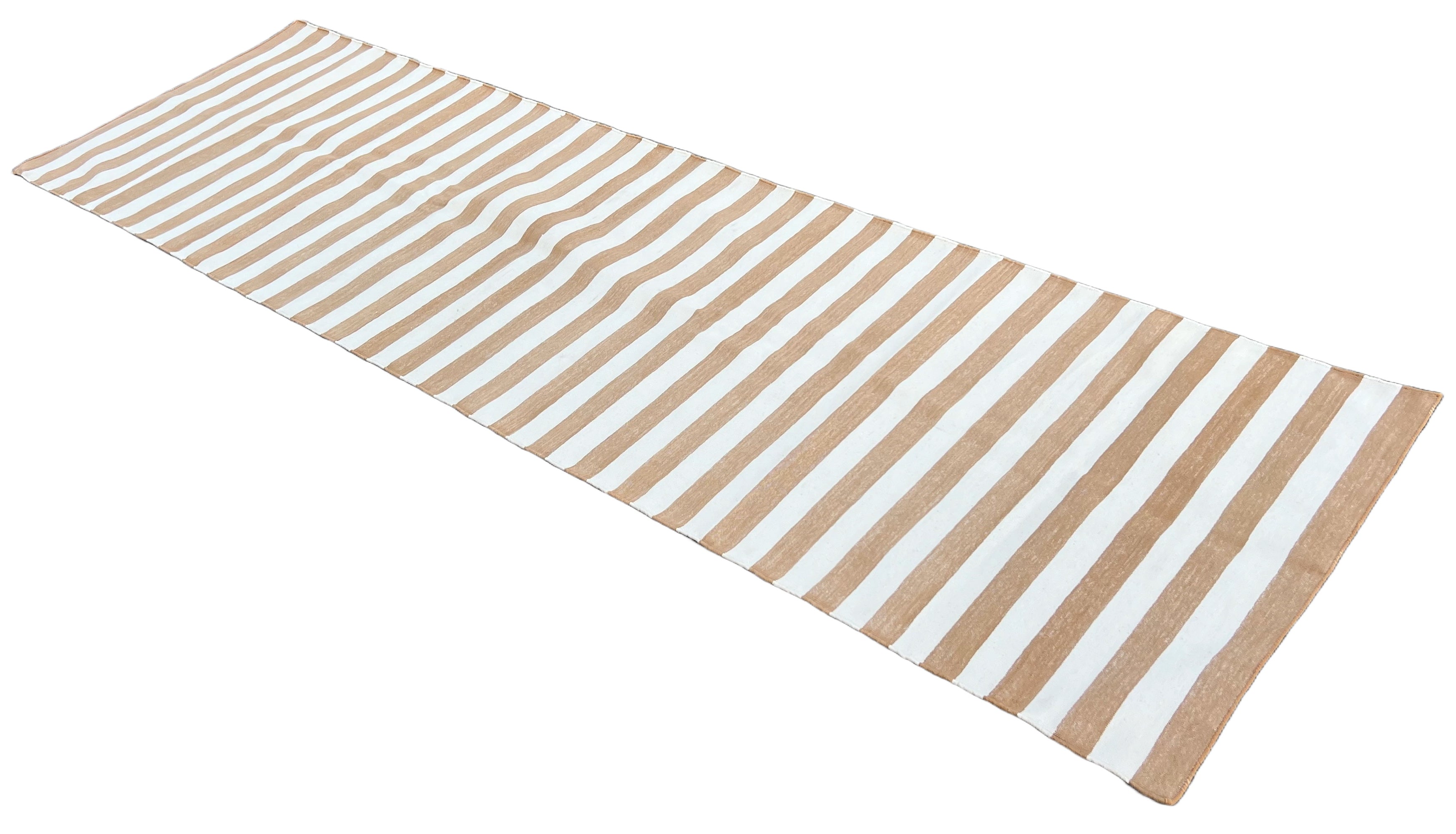Modern Handmade Cotton Tan And White Striped Runner-6720