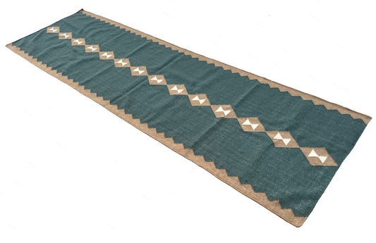 Modern Handmade New Zealand Wool Turquoise Blue, Cream And Beige Geometric Runner-6806