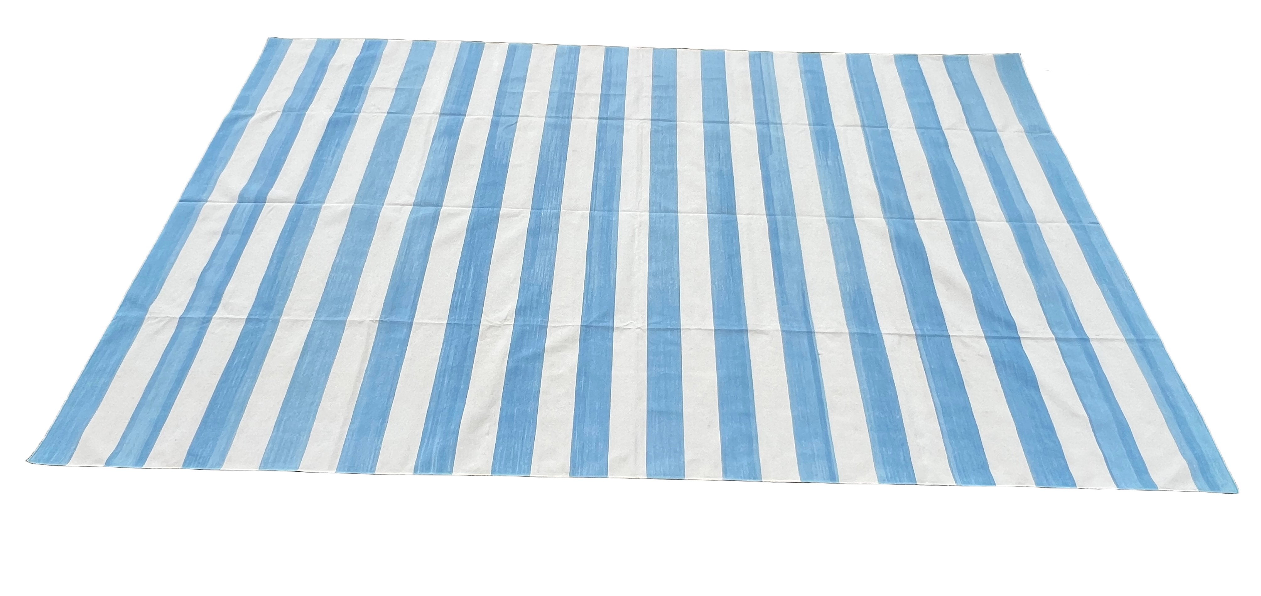 Modern Handmade Cotton Sky Blue And White Striped Area Rug-6754