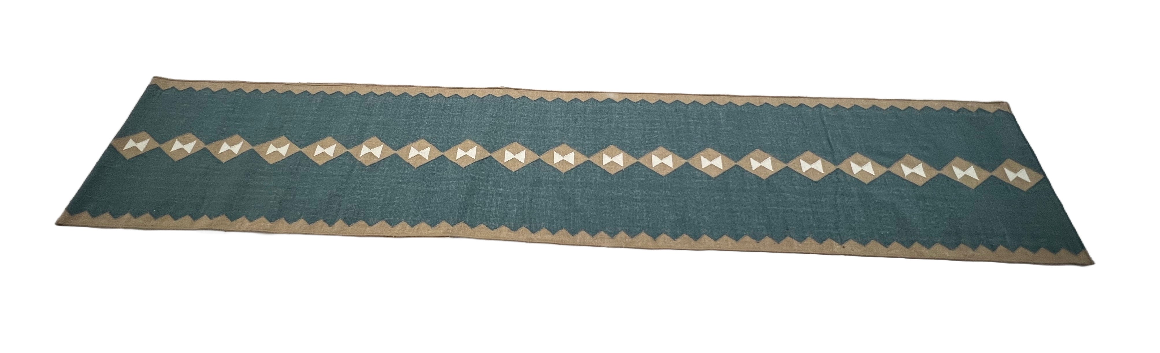 Modern Handmade New Zealand Wool Turquoise Blue, Cream And Beige Geometric Runner-6797