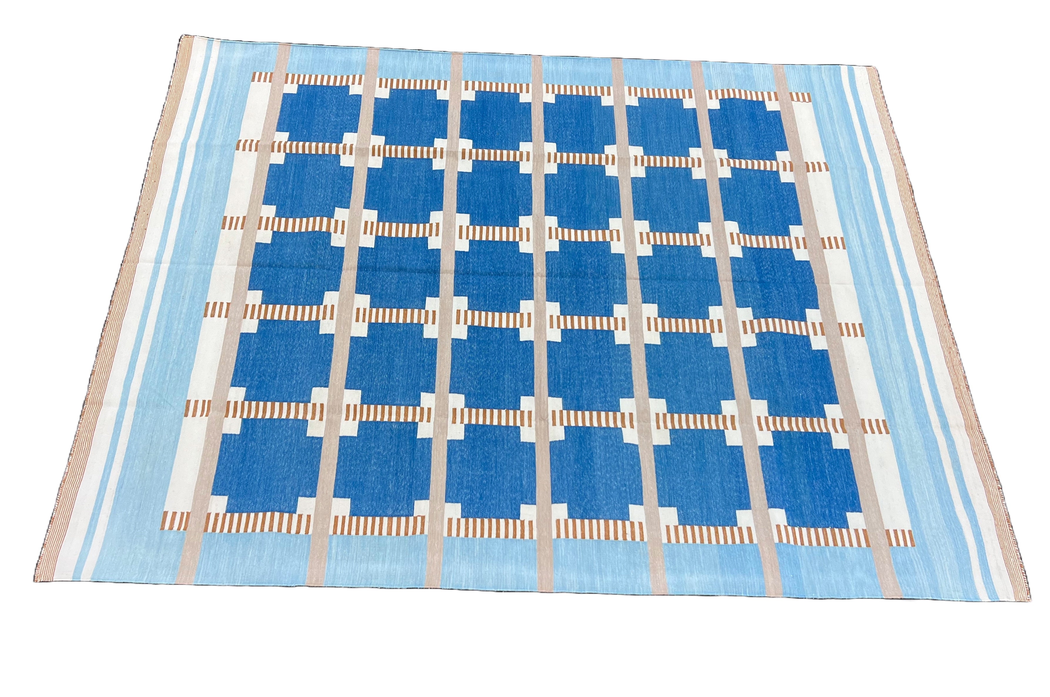 Modern Handmade Cotton Area Flat Weave Rug, Blue, Cream, Beige And Tan Geometric Dhurrie-6751