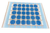 Modern Handmade Cotton Area Flat Weave Rug, Blue, Cream, Beige And Tan Geometric Dhurrie-6751