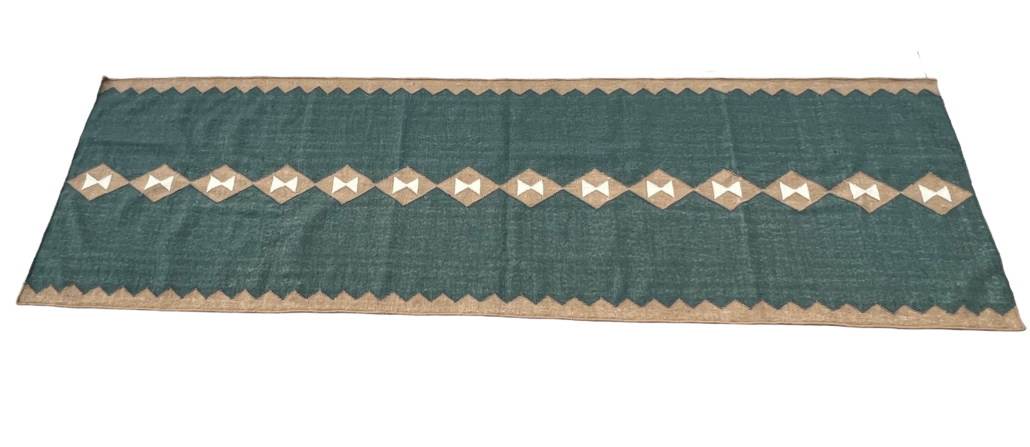 Modern Handmade New Zealand Wool Turquoise Blue, Cream And Beige Geometric Runner-6806