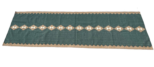 Modern Handmade New Zealand Wool Turquoise Blue, Cream And Beige Geometric Runner-6806