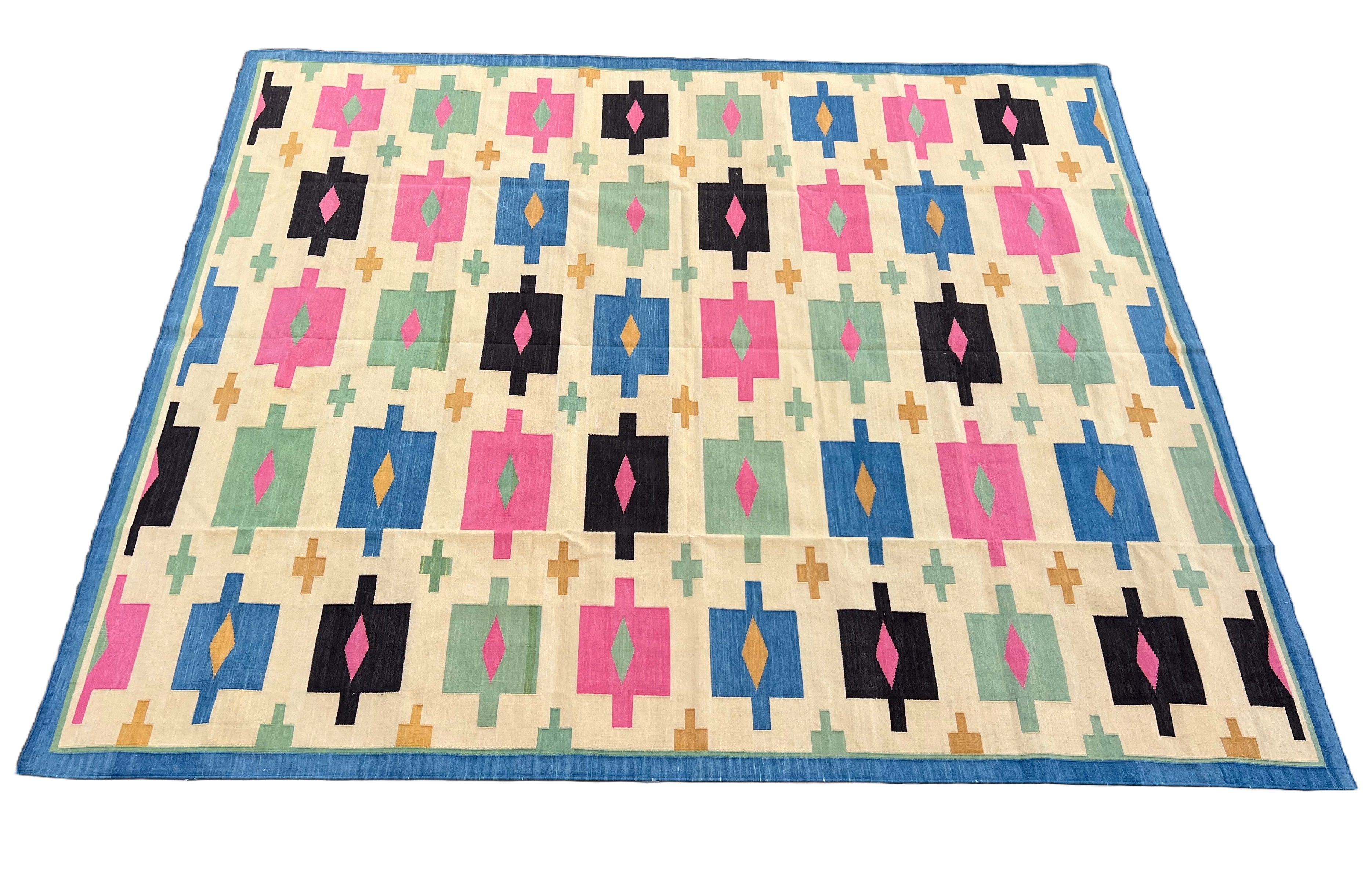 Modern Handmade Cotton Area Flat Weave Rug, Cream, Brown, Pink And Blue Geometric Dhurrie-6721