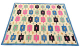 Modern Handmade Cotton Area Flat Weave Rug, Cream, Brown, Pink And Blue Geometric Dhurrie-6721