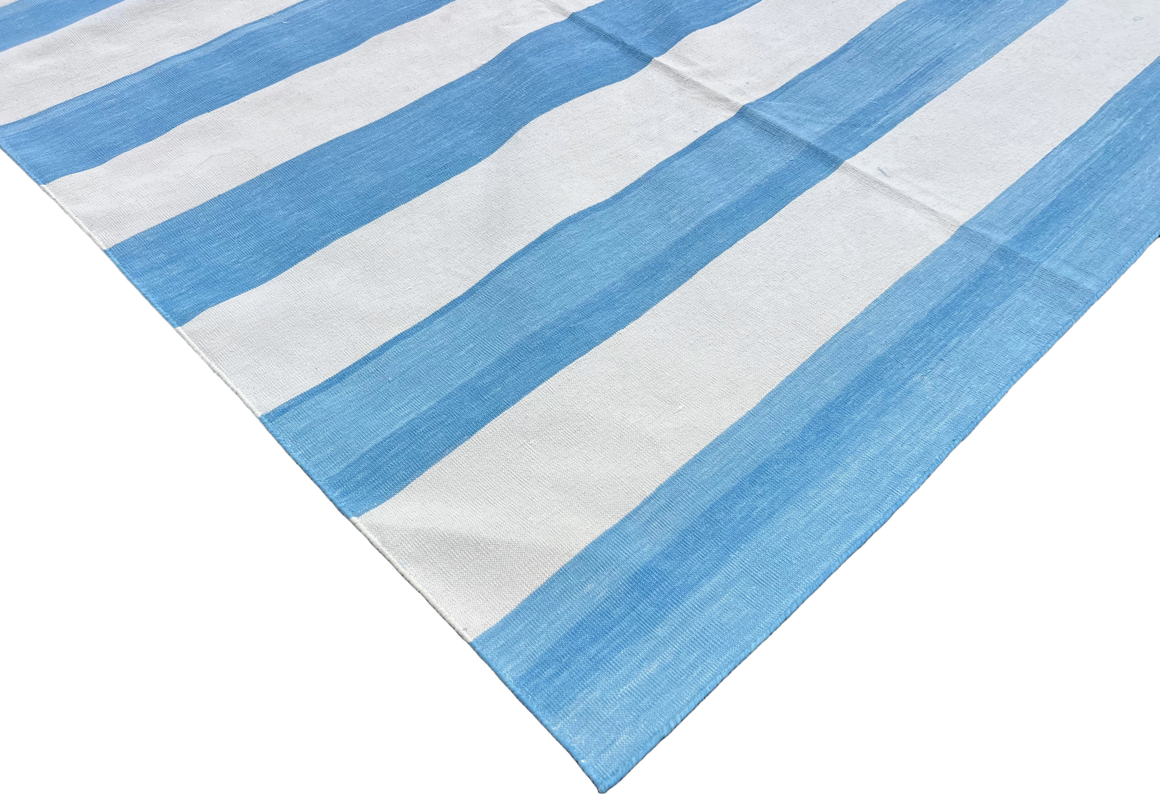 Modern Handmade Cotton Sky Blue And White Striped Area Rug-6754