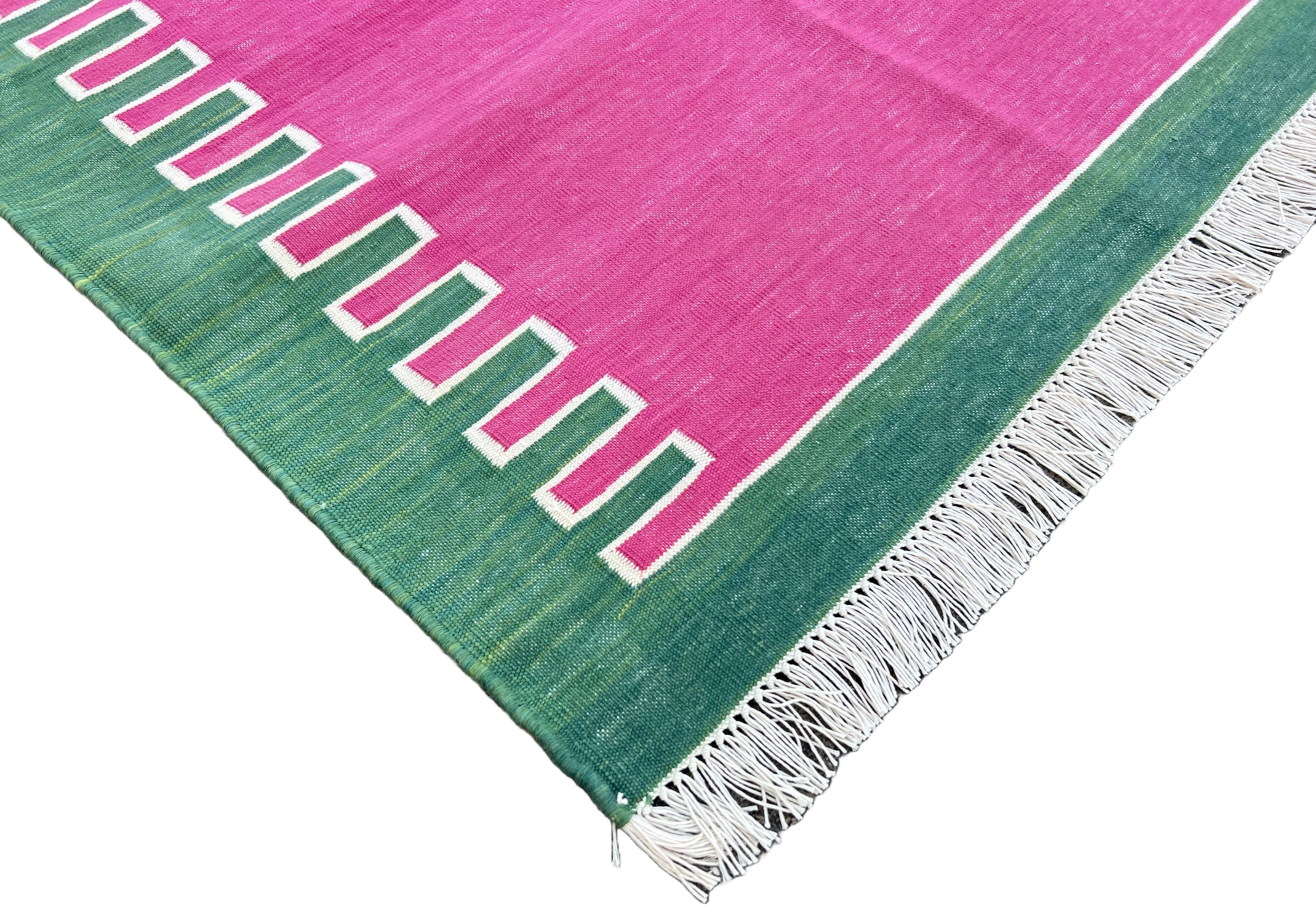 Modern Handmade Cotton Raspberry Pink And Green Zig Zag Striped Rug-6706