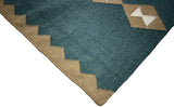 Modern Handmade New Zealand Wool Turquoise Blue, Cream And Beige Geometric Runner-6797