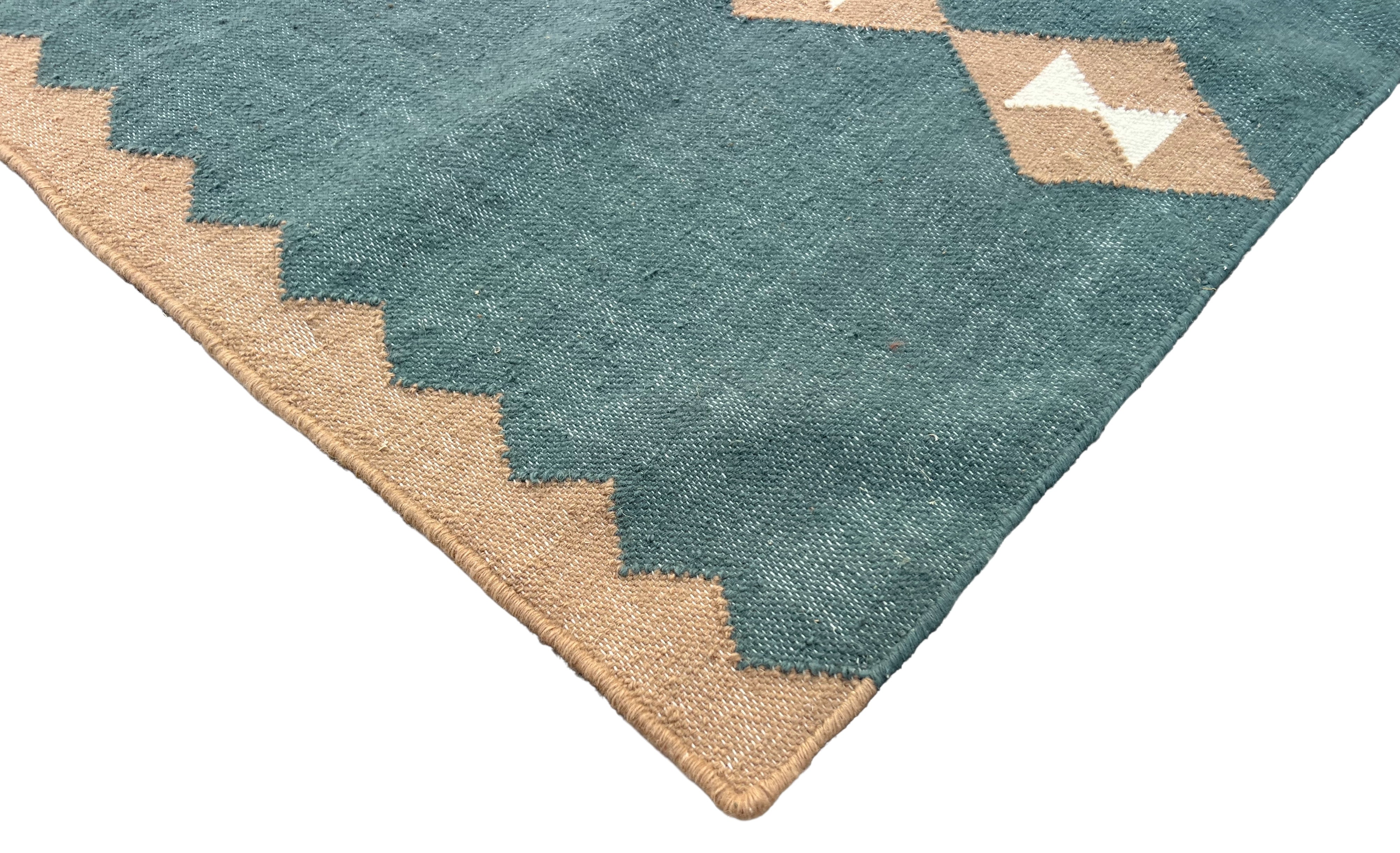 Modern Handmade New Zealand Wool Turquoise Blue, Cream And Beige Geometric Runner-6806