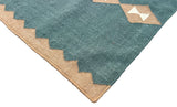 Modern Handmade New Zealand Wool Turquoise Blue, Cream And Beige Geometric Runner-6806