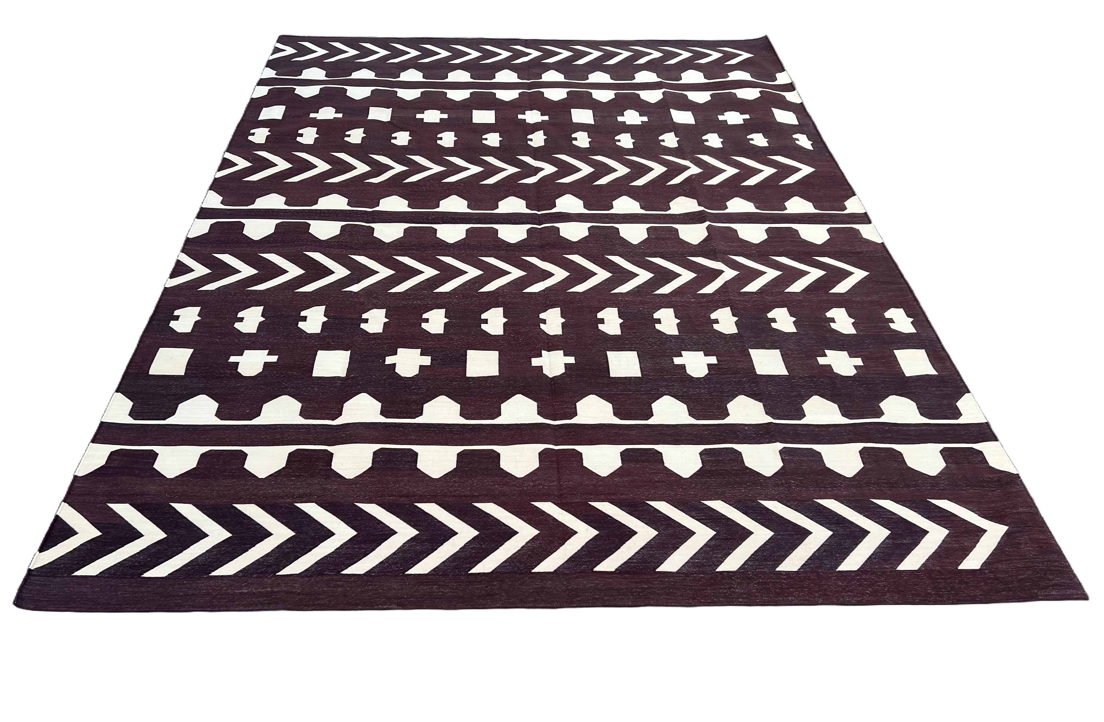 Modern Handmade Cotton Coffee Brown And Cream Geometric Rug-6536