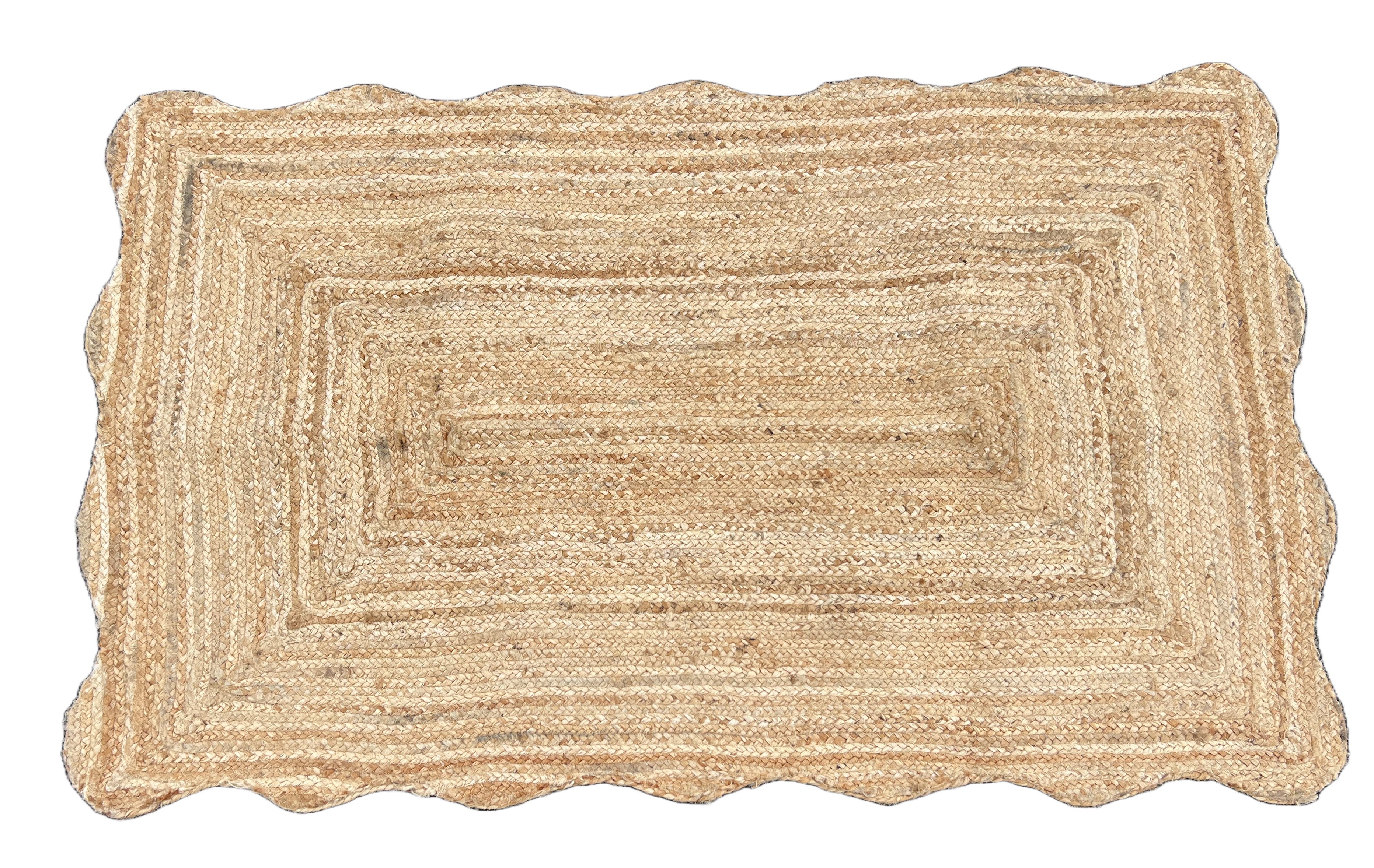 Modern Handmade Natural Jute Scalloped Rug Indian Dhurrie -8043