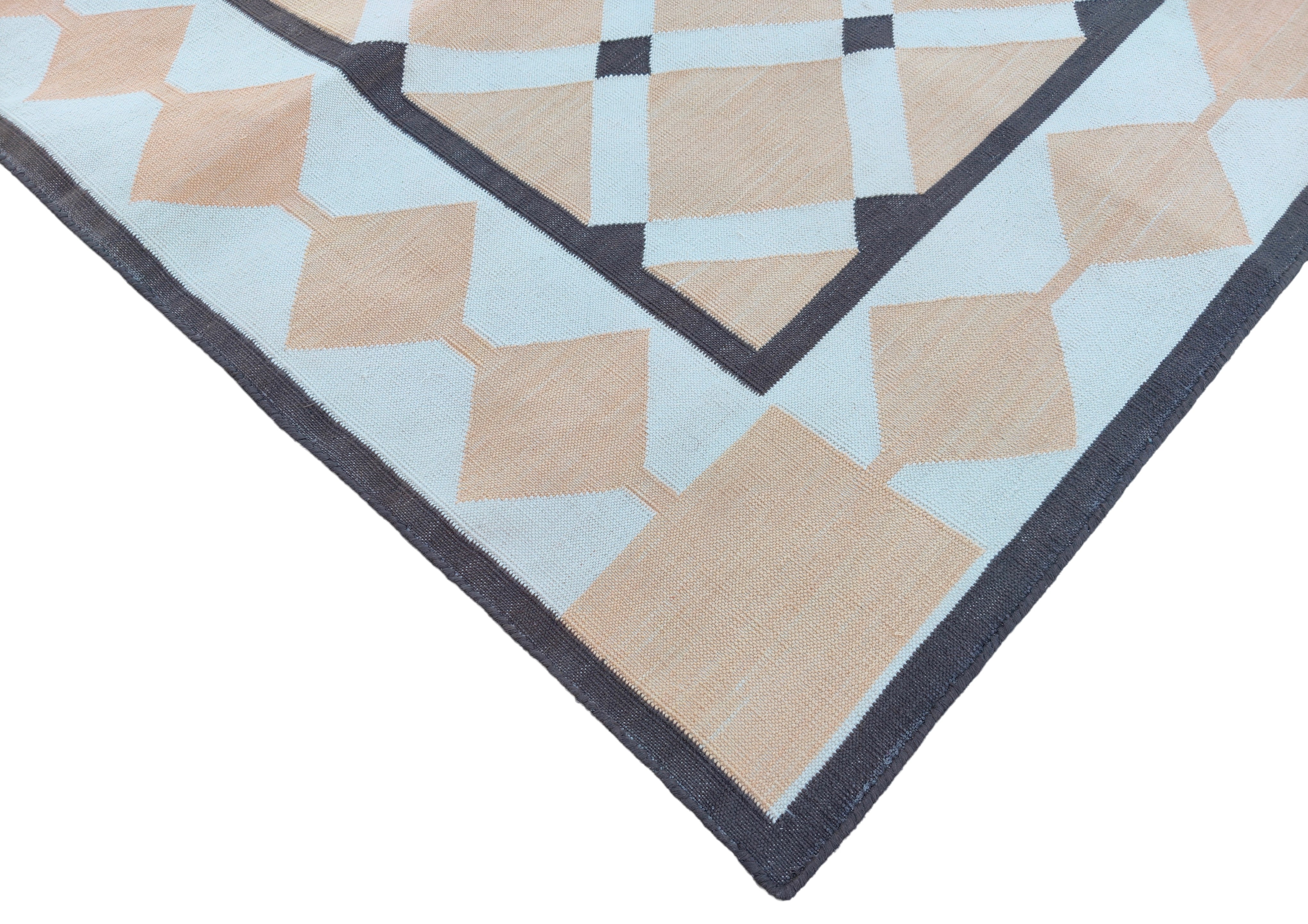 Modern Handmade Cotton Cream, Beige And Brown Geometric Dhurrie Runner-6784