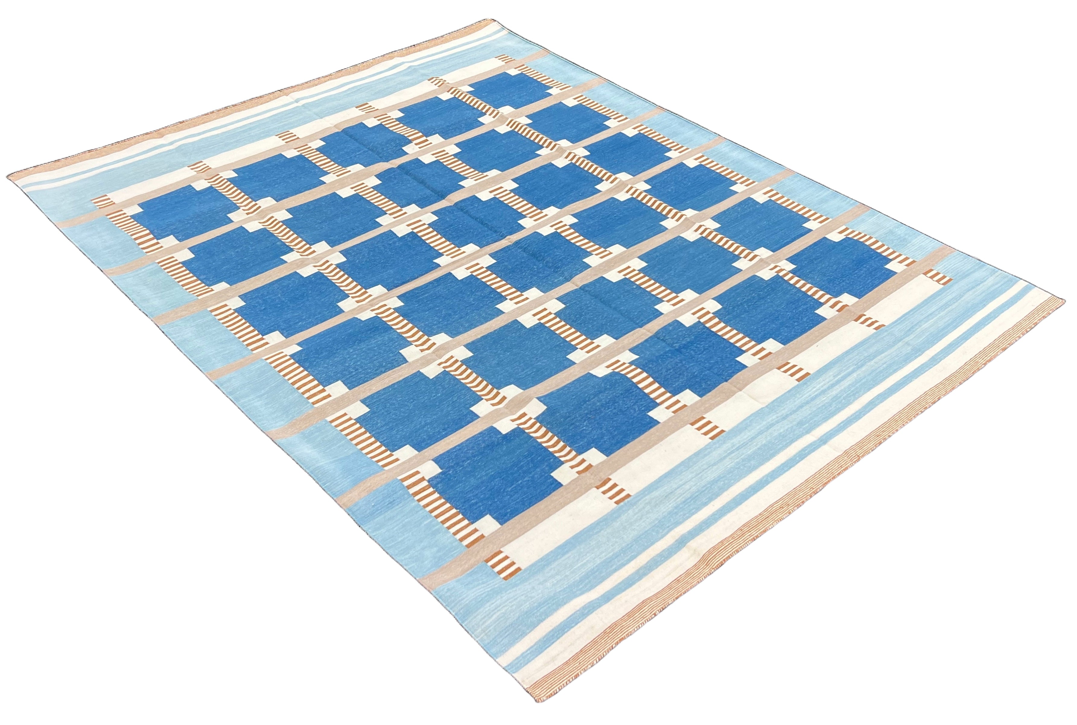 Modern Handmade Cotton Area Flat Weave Rug, Blue, Cream, Beige And Tan Geometric Dhurrie-6751
