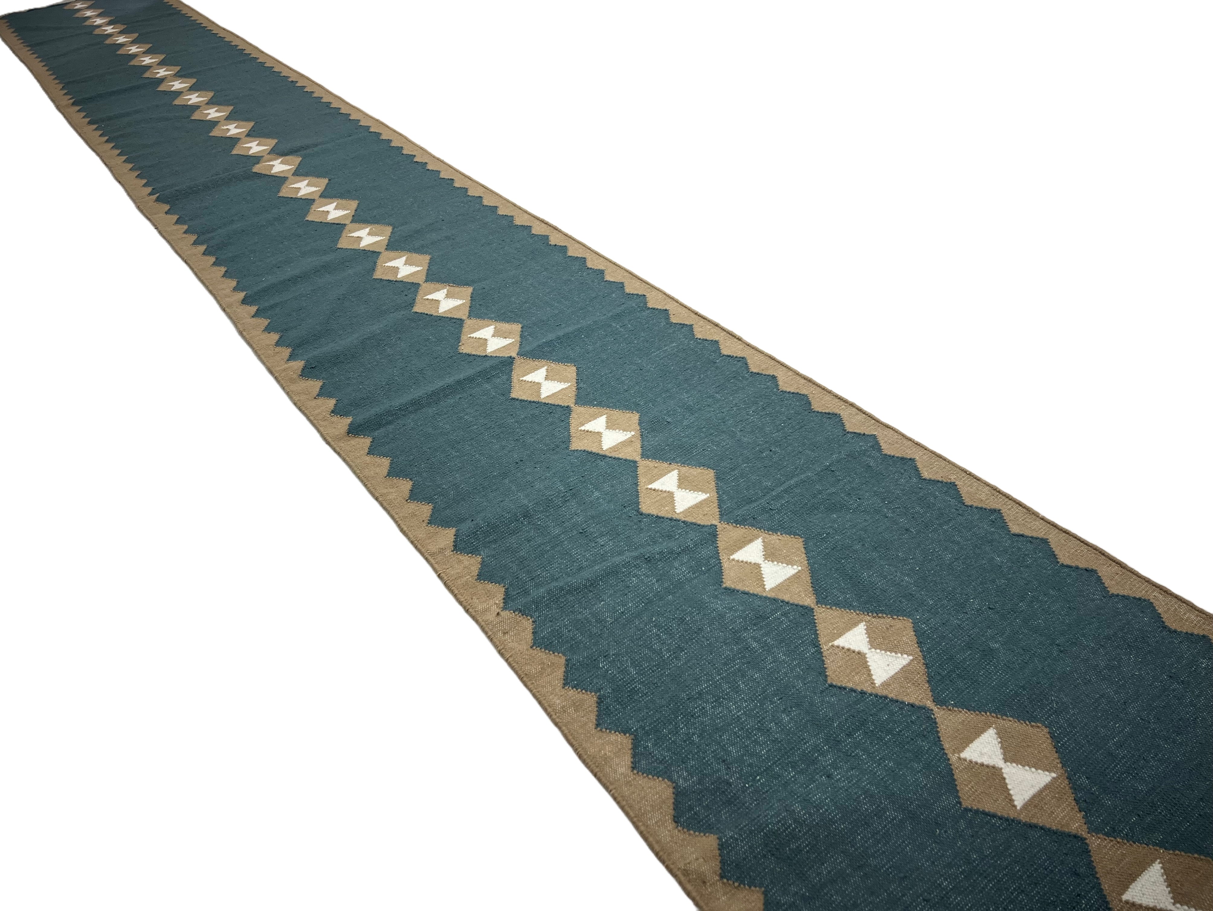 Modern Handmade New Zealand Wool Turquoise Blue, Cream And Beige Geometric Runner-6797