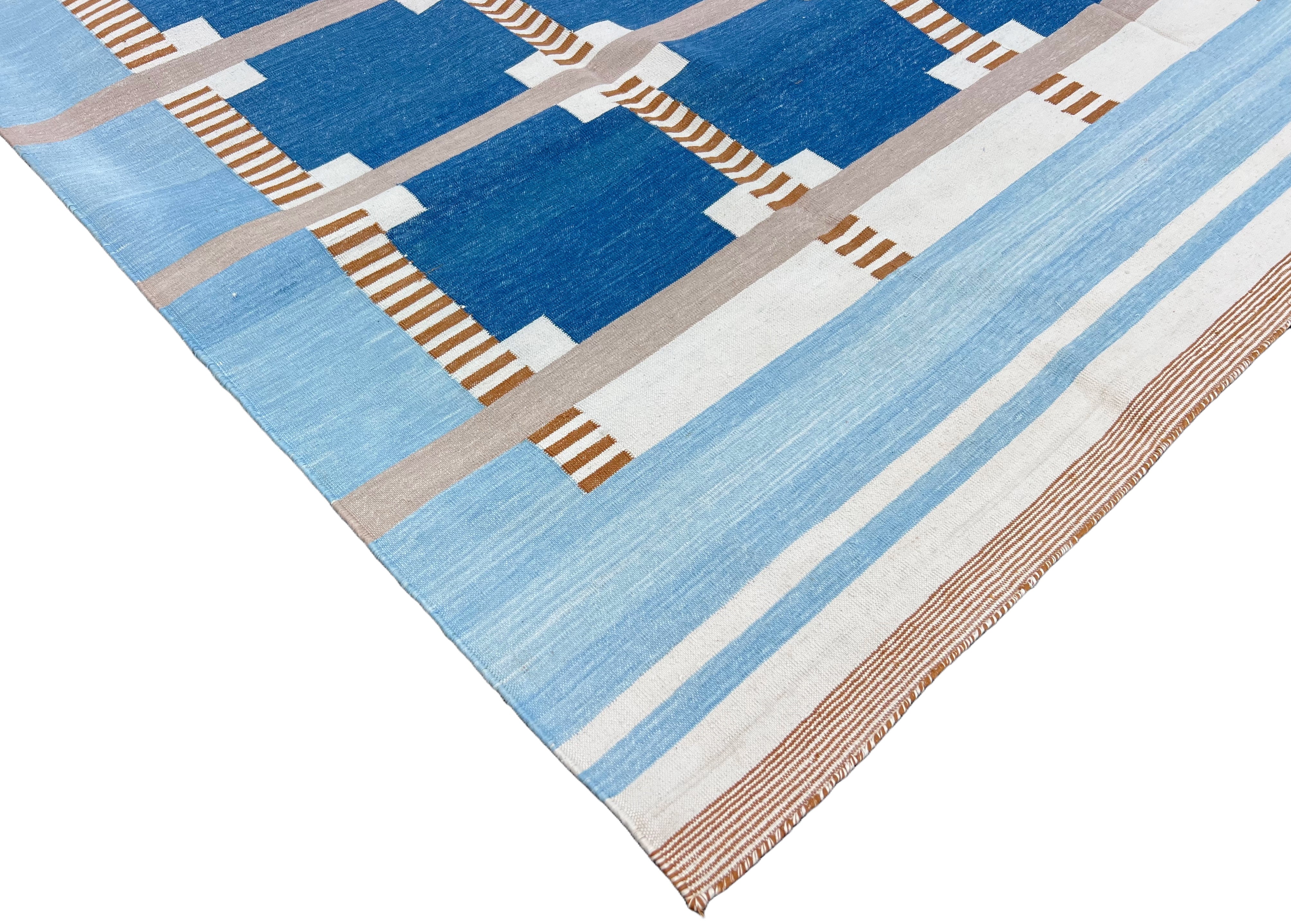 Modern Handmade Cotton Area Flat Weave Rug, Blue, Cream, Beige And Tan Geometric Dhurrie-6751