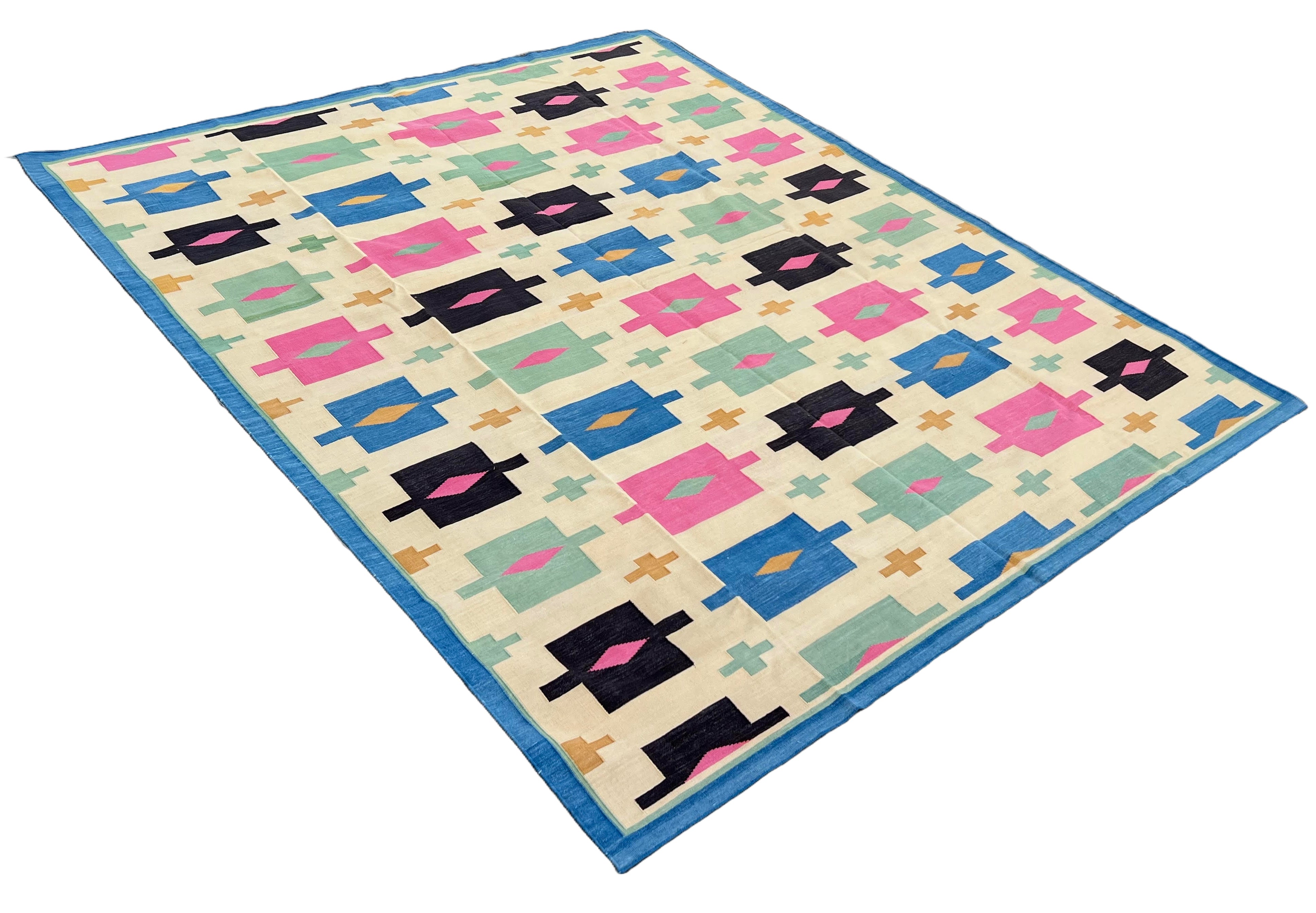 Modern Handmade Cotton Area Flat Weave Rug, Cream, Brown, Pink And Blue Geometric Dhurrie-6721