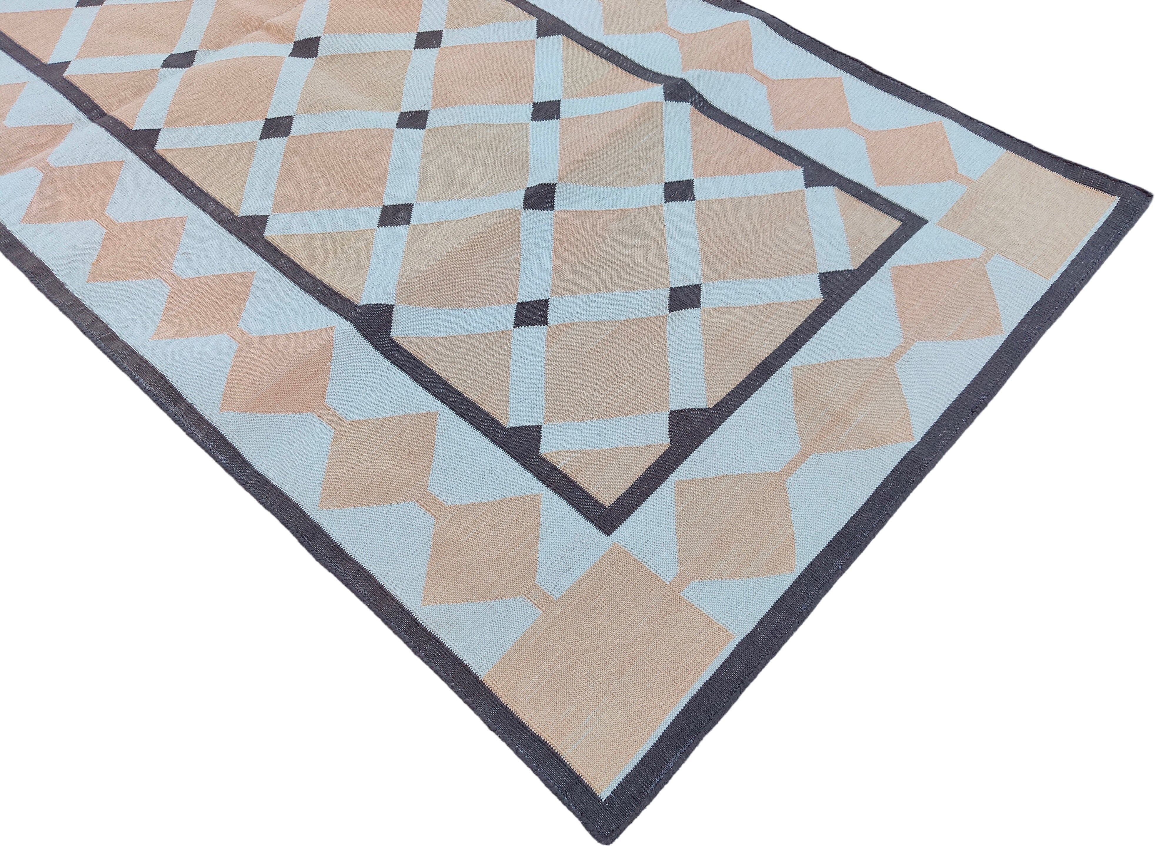 Modern Handmade Cotton Cream, Beige And Brown Geometric Dhurrie Runner-6784