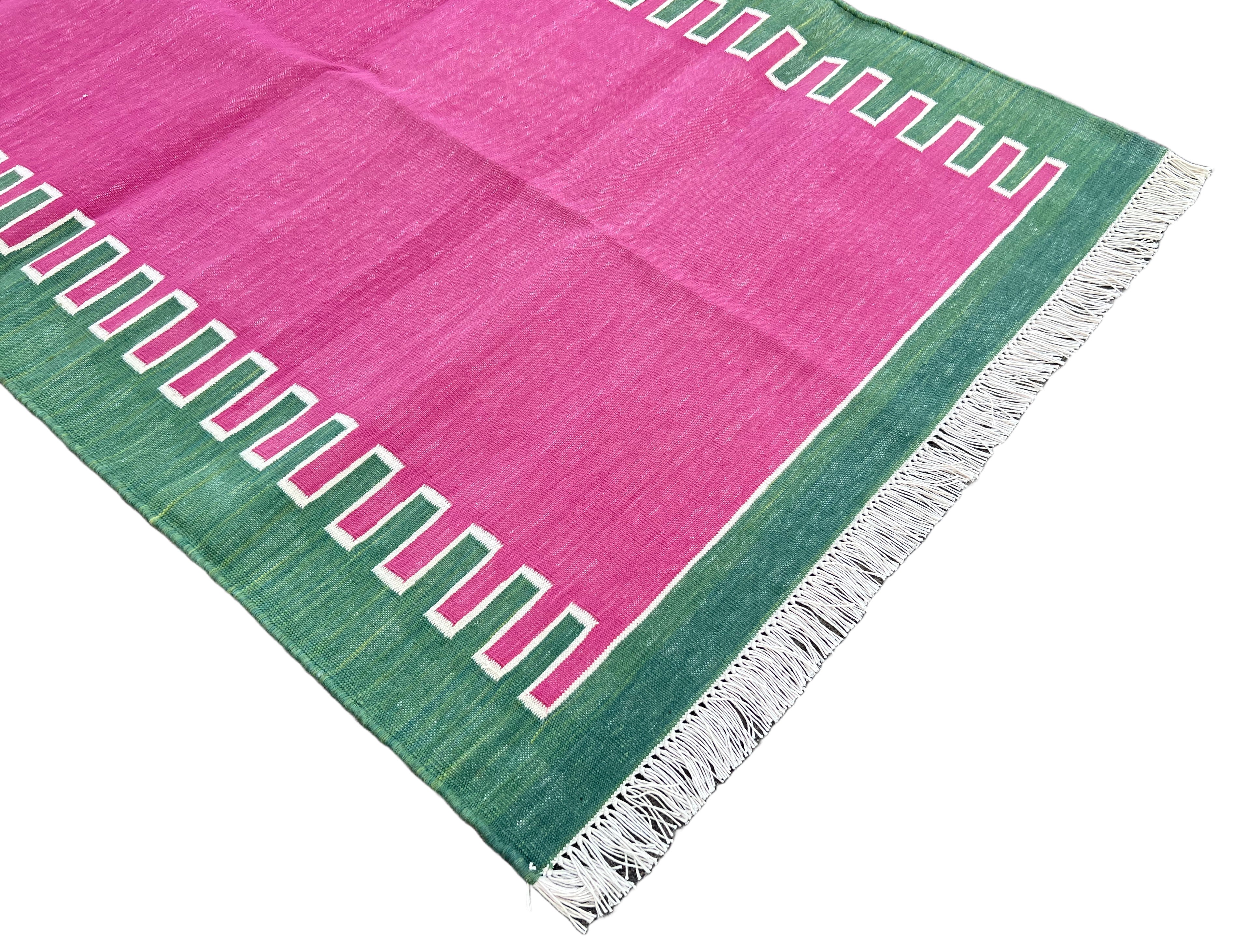 Modern Handmade Cotton Raspberry Pink And Green Zig Zag Striped Rug-6706