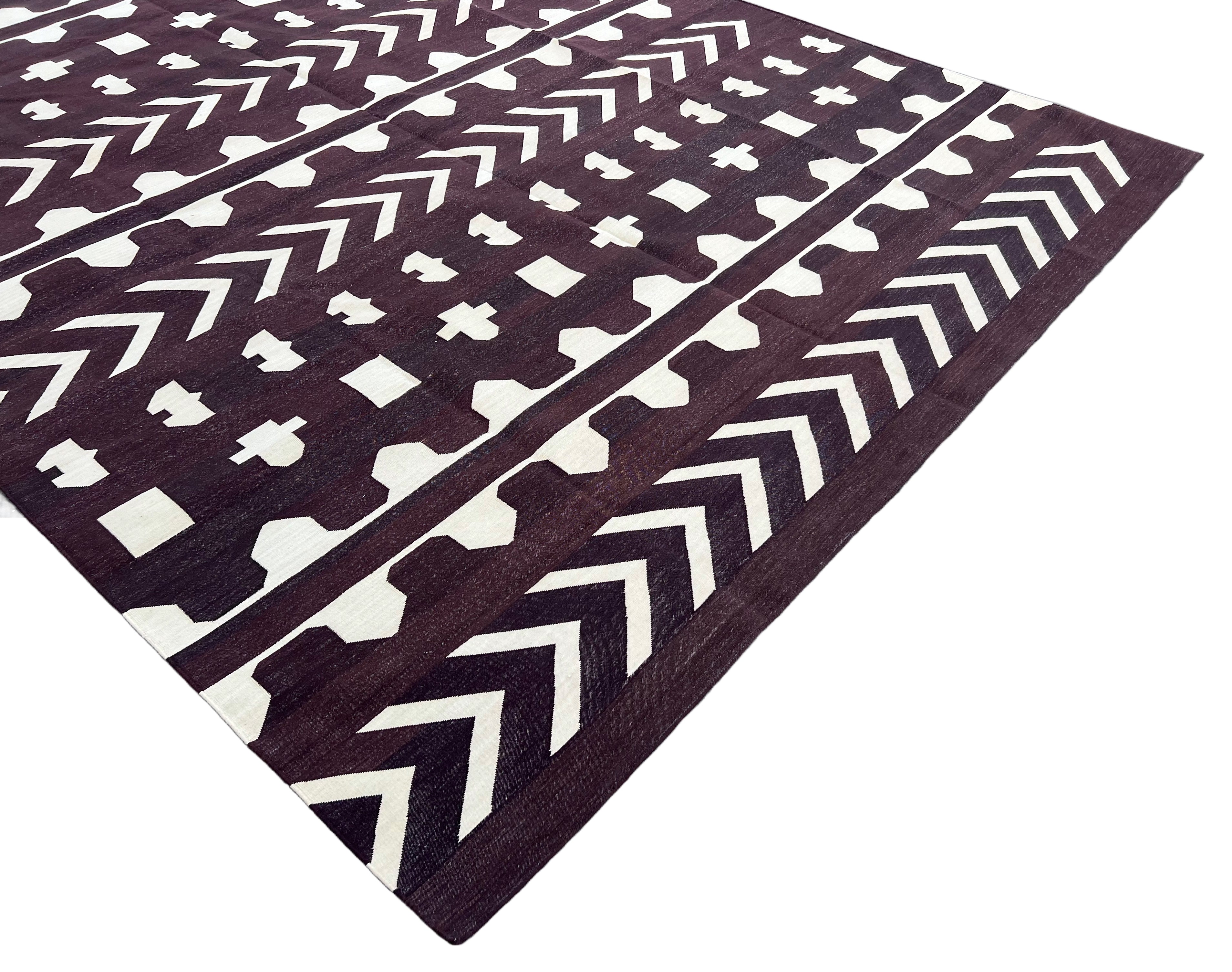 Modern Handmade Cotton Coffee Brown And Cream Geometric Rug-6536