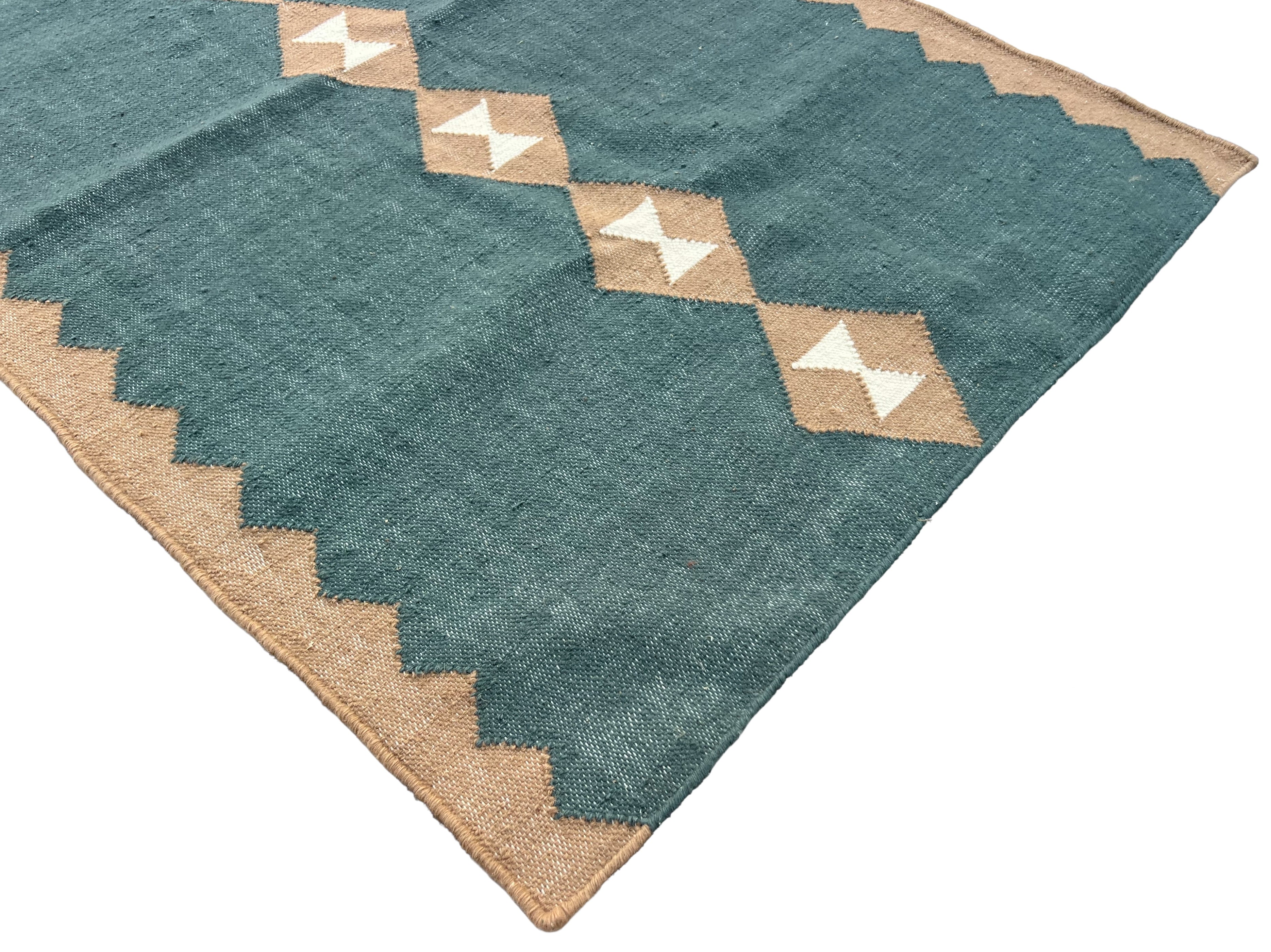 Modern Handmade New Zealand Wool Turquoise Blue, Cream And Beige Geometric Runner-6806