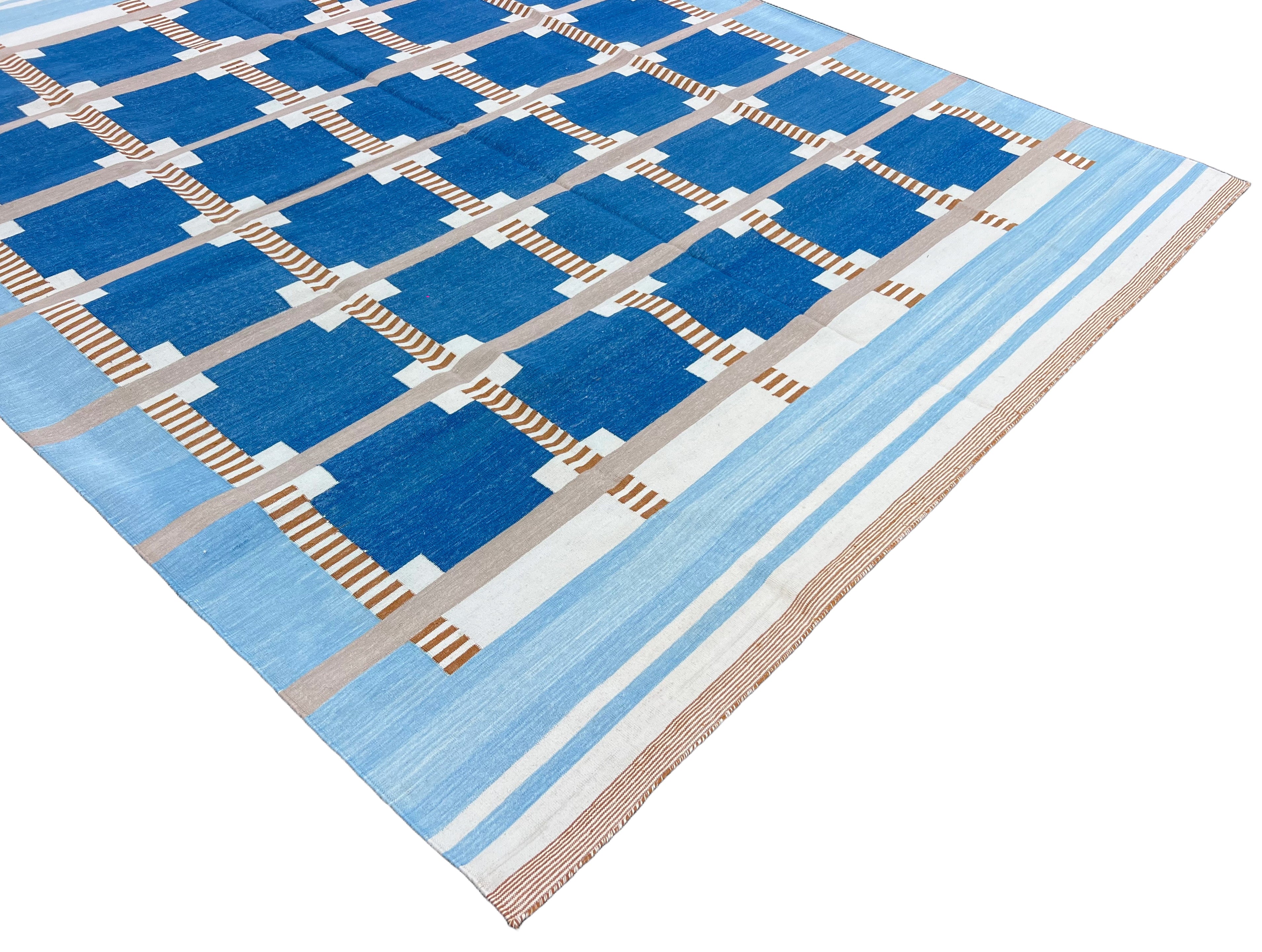 Modern Handmade Cotton Area Flat Weave Rug, Blue, Cream, Beige And Tan Geometric Dhurrie-6751