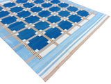Modern Handmade Cotton Area Flat Weave Rug, Blue, Cream, Beige And Tan Geometric Dhurrie-6751