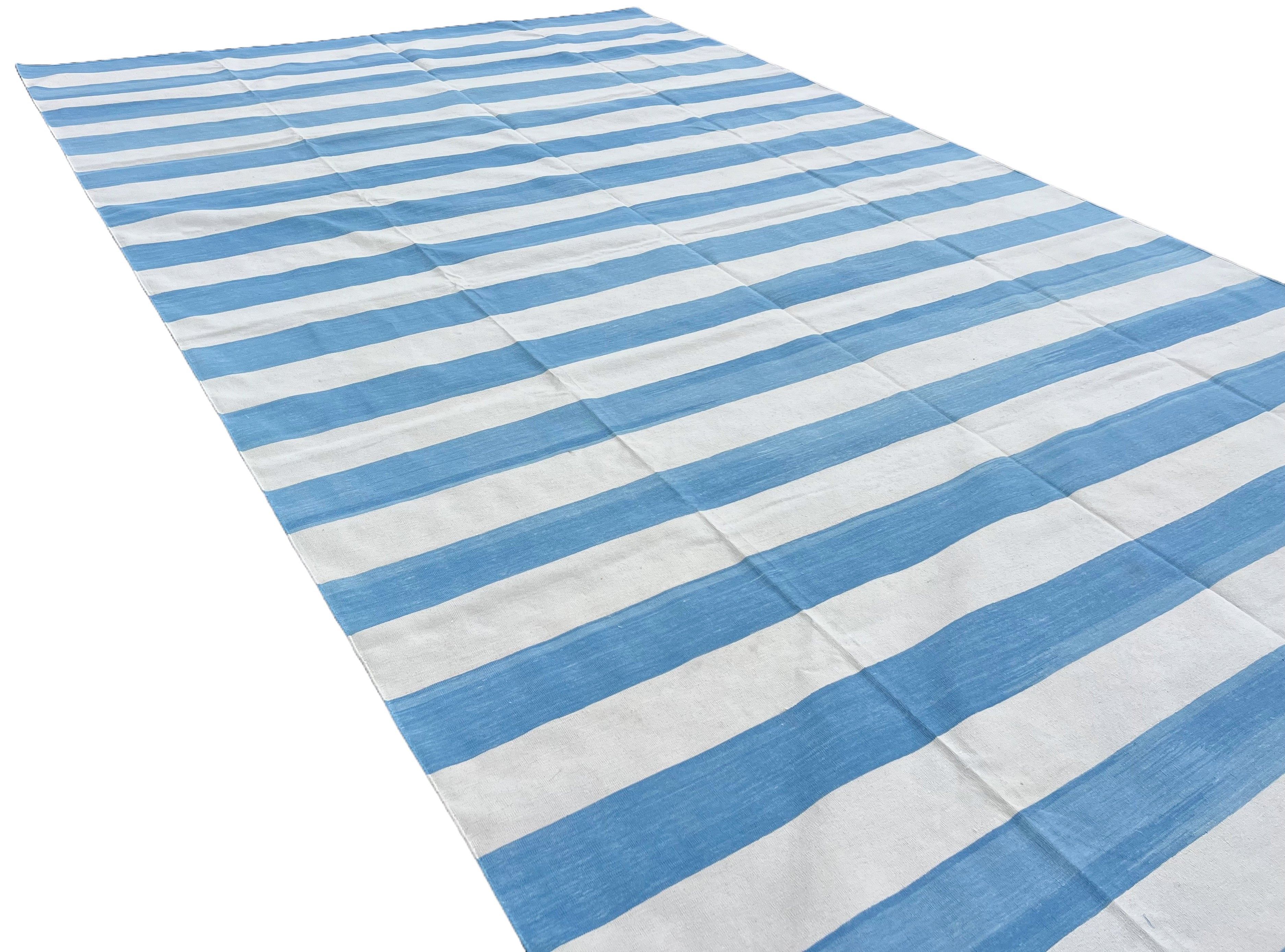 Modern Handmade Cotton Sky Blue And White Striped Area Rug-6754