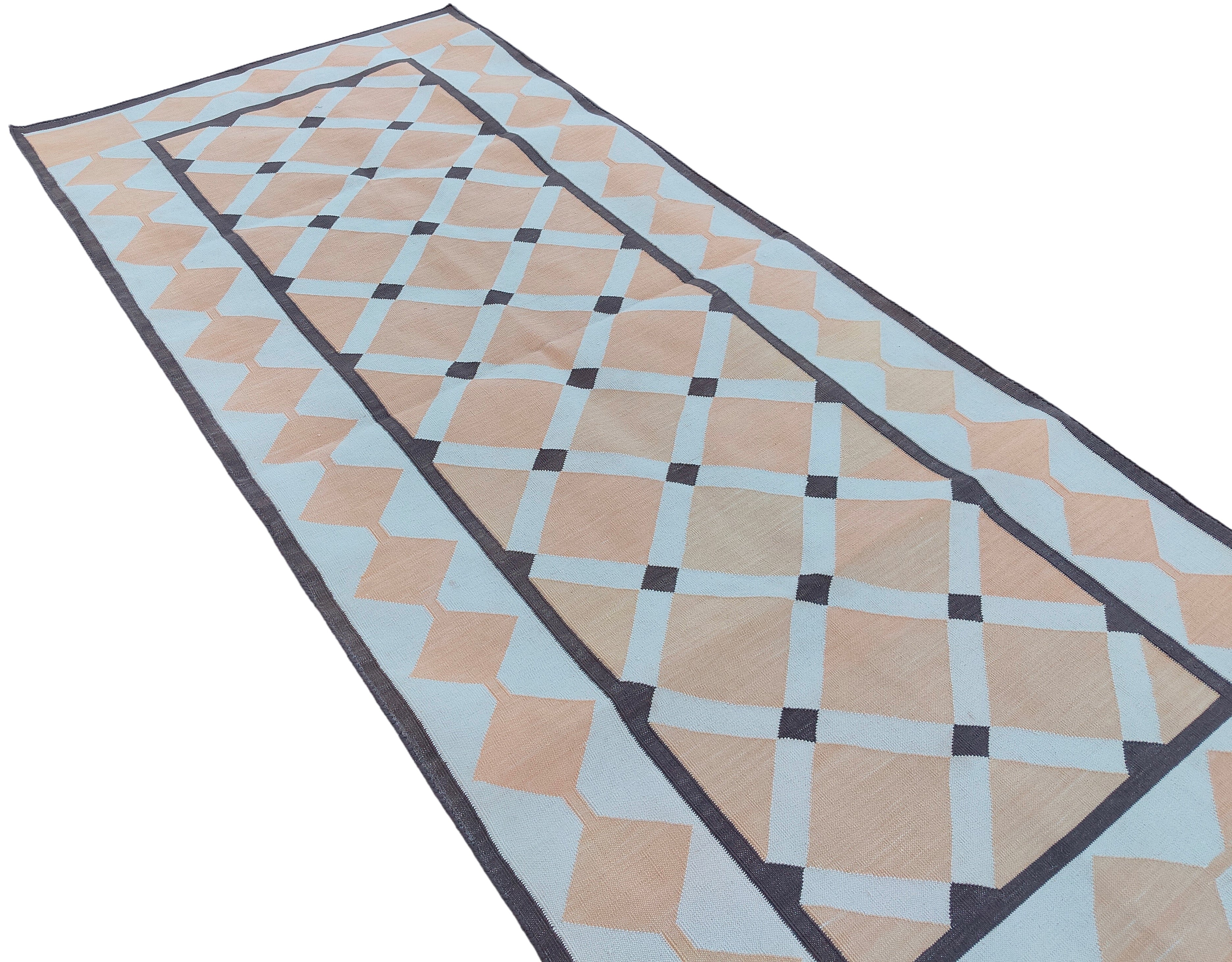 Modern Handmade Cotton Cream, Beige And Brown Geometric Dhurrie Runner-6784