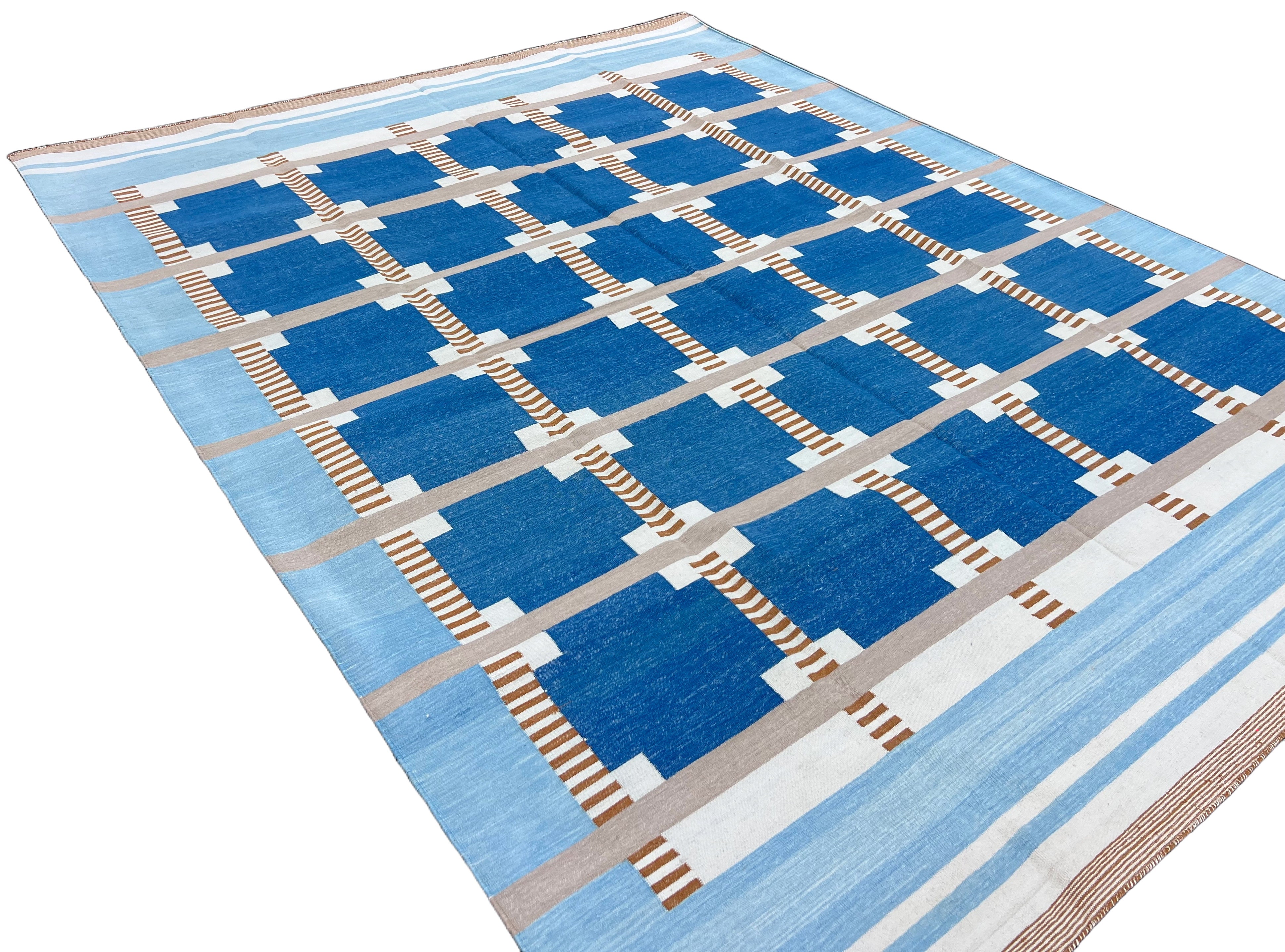 Modern Handmade Cotton Area Flat Weave Rug, Blue, Cream, Beige And Tan Geometric Dhurrie-6751