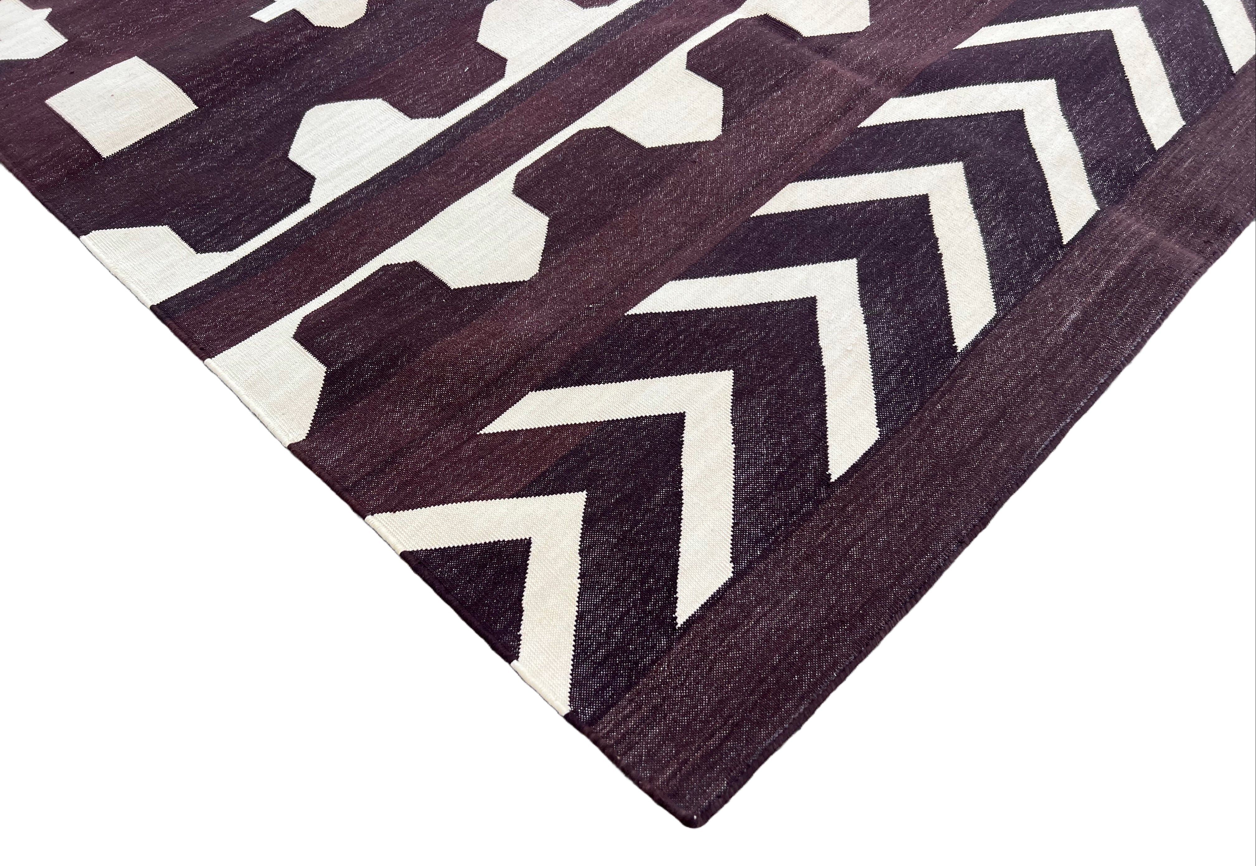 Modern Handmade Cotton Coffee Brown And Cream Geometric Rug-6536