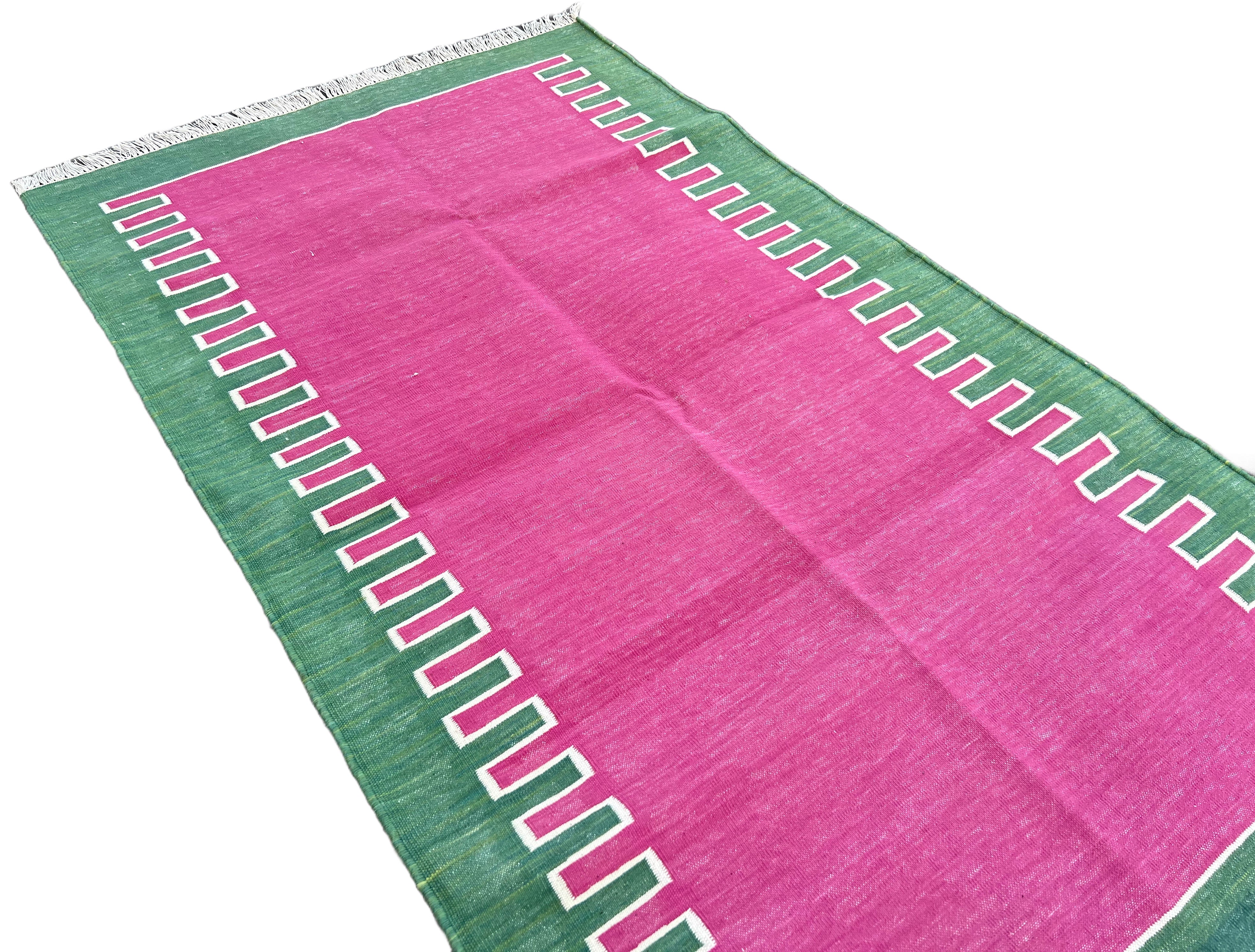 Modern Handmade Cotton Raspberry Pink And Green Zig Zag Striped Rug-6706