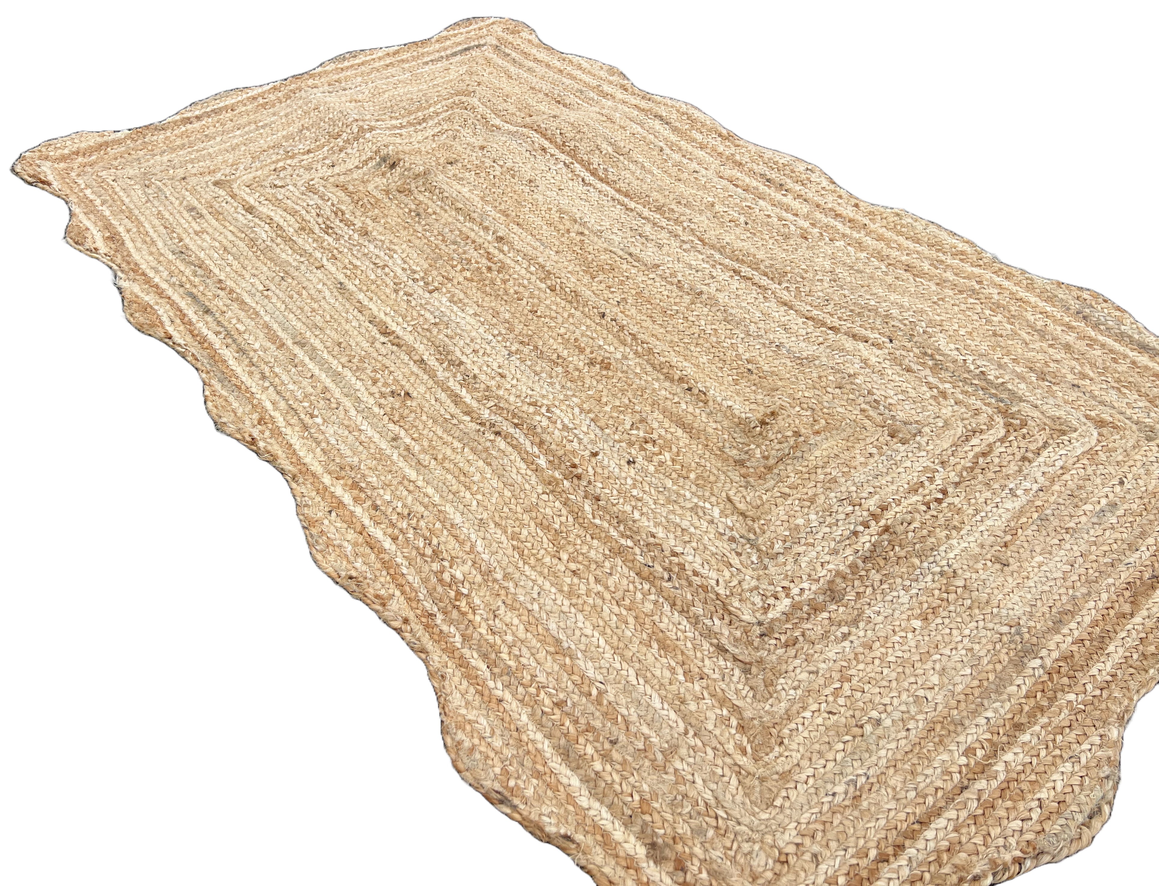 Modern Handmade Natural Jute Scalloped Rug Indian Dhurrie -8043