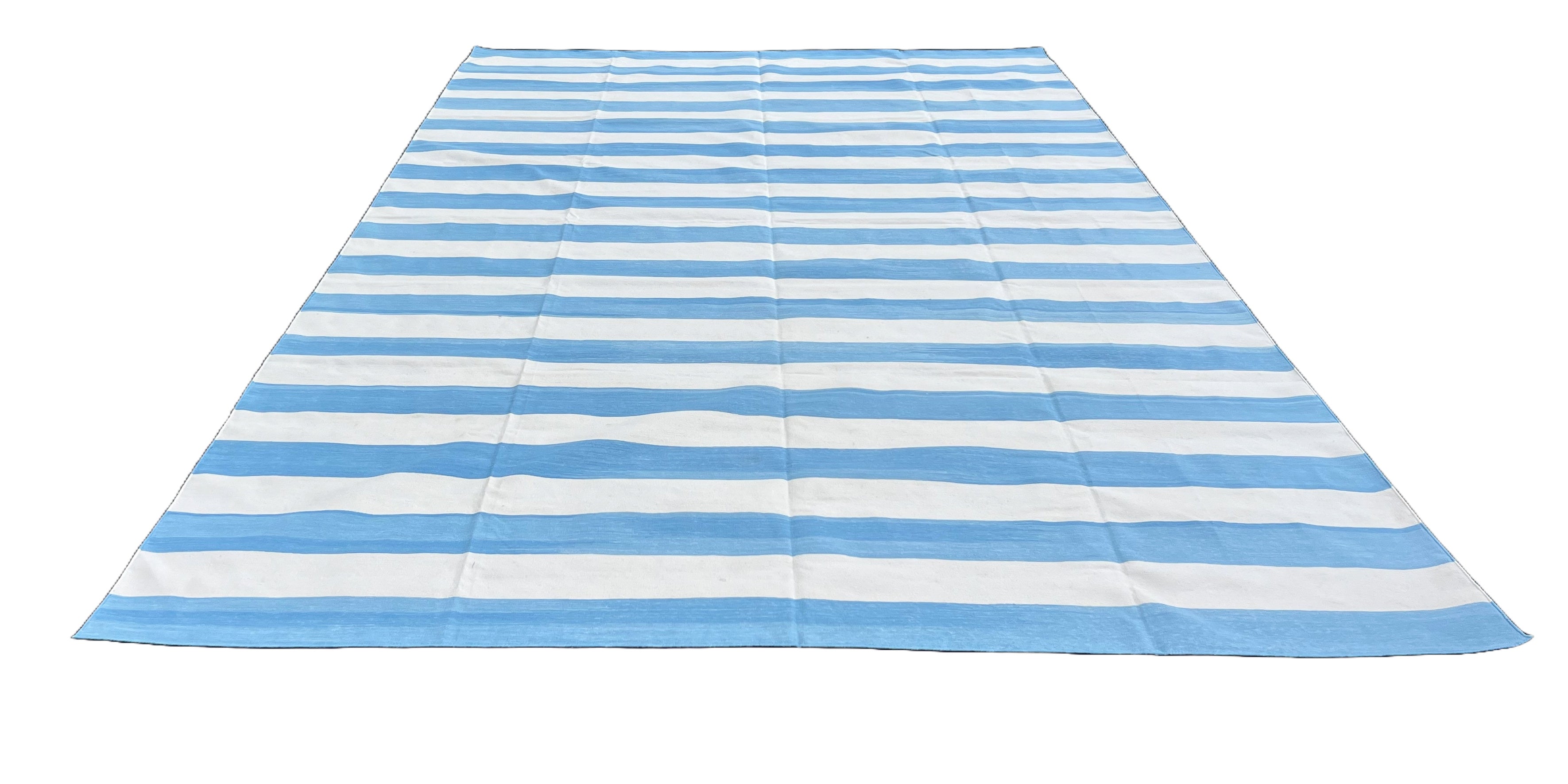Modern Handmade Cotton Sky Blue And White Striped Area Rug-6754