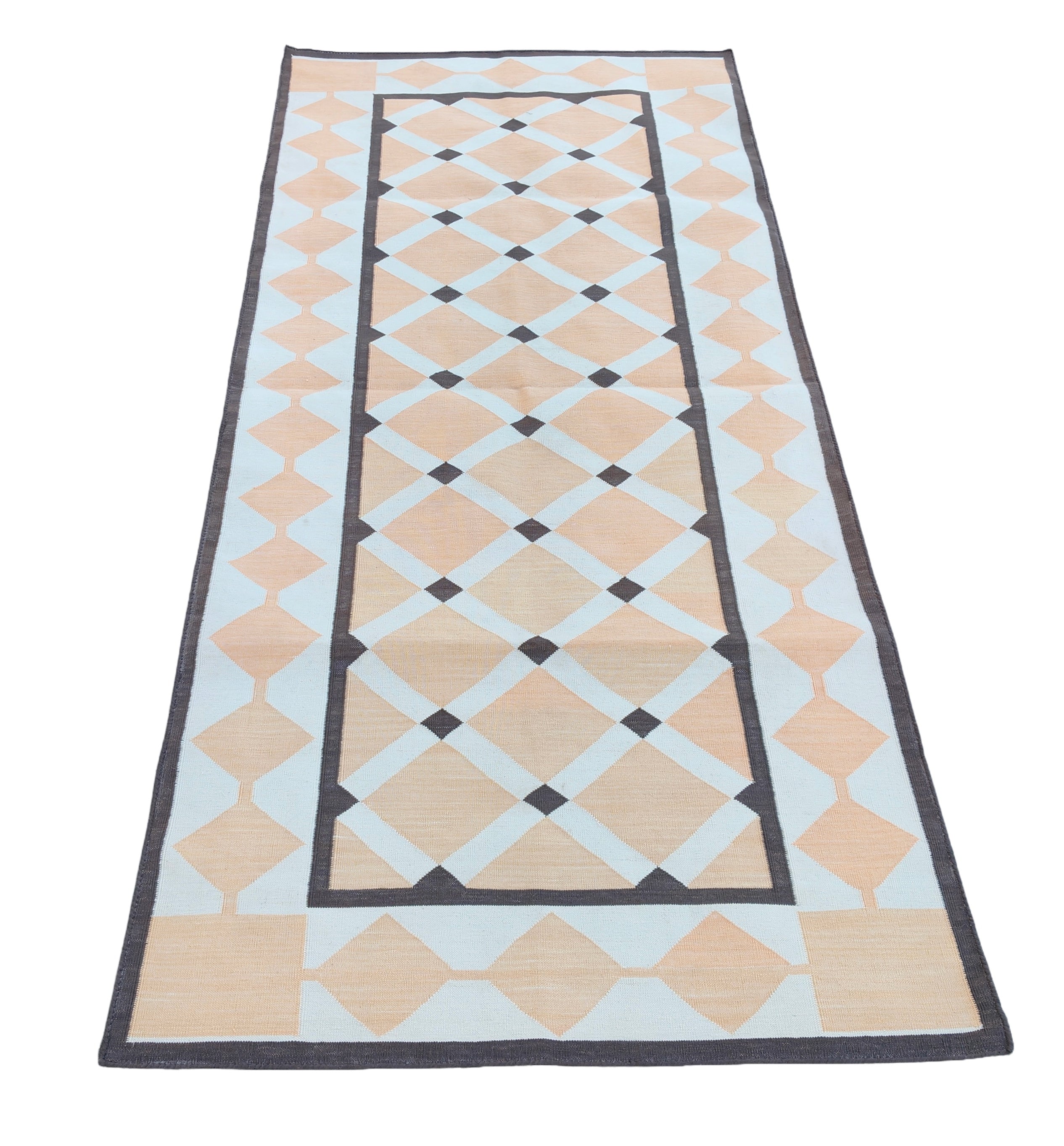 Modern Handmade Cotton Cream, Beige And Brown Geometric Dhurrie Runner-6784